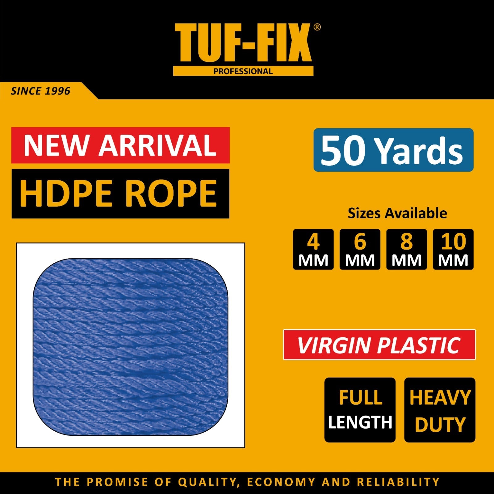 TUF-FIX 50 yards blue HDPE rope made from virgin plastic in heavy duty full length sizes available in Oman.
حبل بلاستيك HDPE أزرق 50 ياردة من TUF-FIX مصنوع من البلاستيك البكر شديد التحمل متوفر في عمان