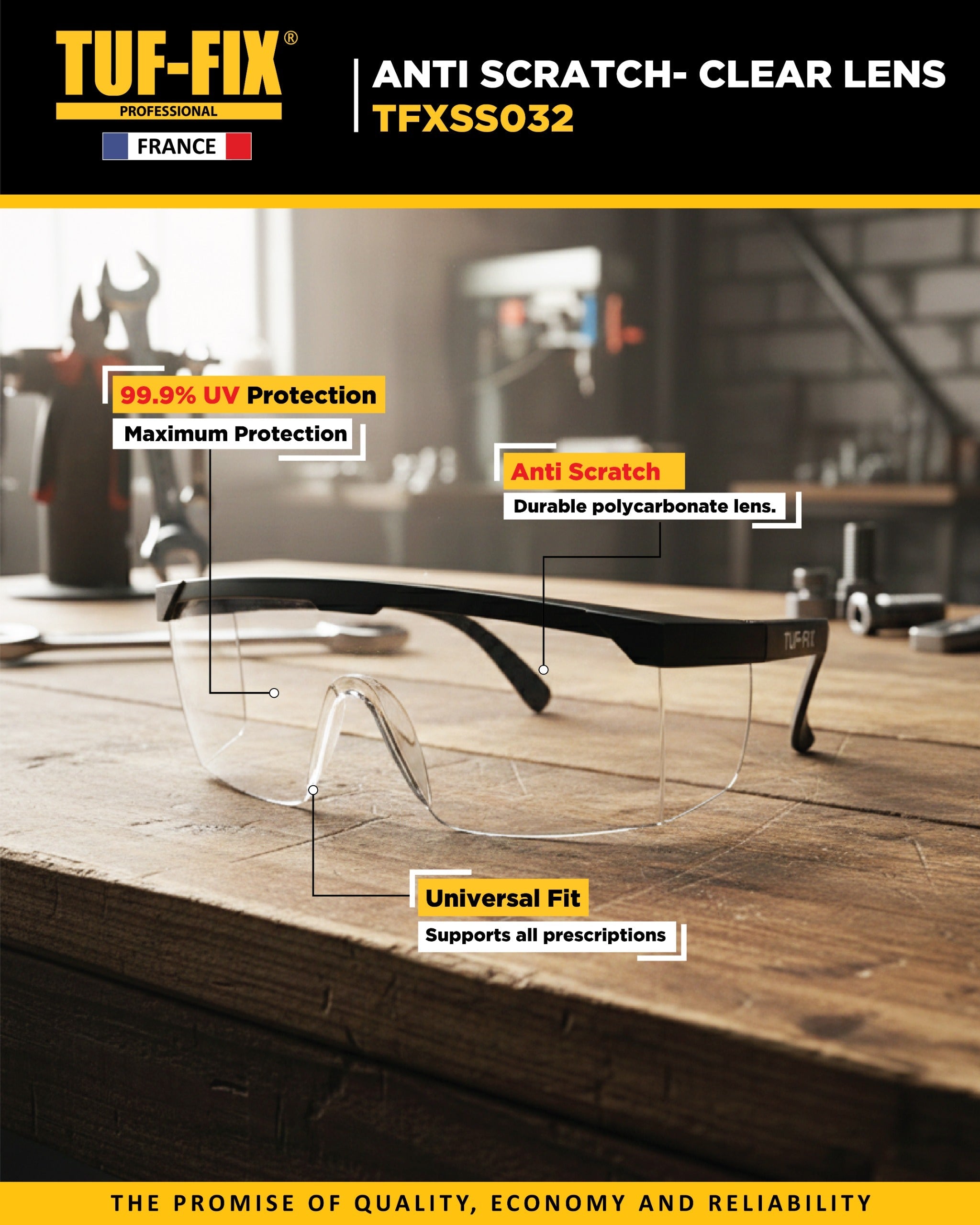 TUF-FIX TFXSS038 anti-scratch clear lens safety glasses product leaflet highlighting 99.9% UV protection, ultra-light build, and ventilated side temples - Noor Al Wifaq Oman.
منشور منتج نظارات السلامة الشفافة والمقاومة للخدش (TFXSS038) من TUF-FIX يوضح الحماية من الأشعة فوق البنفسجية بنسبة 99.9% والتصميم خفيف الوزن - نور الوفاق عمان.