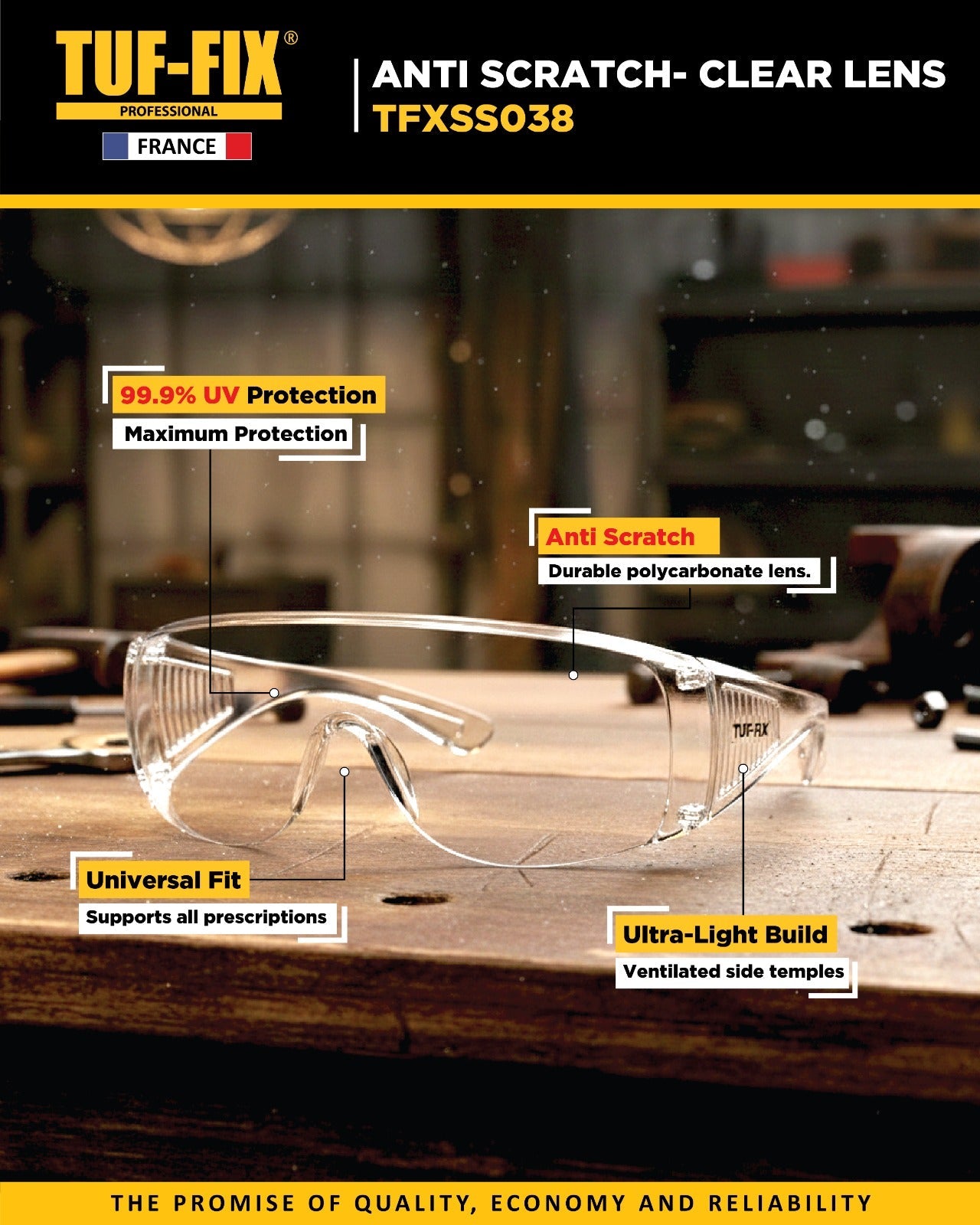 TUF-FIX Premium Spectacles product leaflet showing SF15ASCL clear and SF15ASBL tinted safety glasses, featuring extendable side arms, CE safety certification, and anti-scratch polycarbonate lenses - Noor Al Wifaq Oman.
منشور منتج نظارات السلامة الممتازة (Premium Spectacles SF15ASCL & SF15ASBL) من TUF-FIX يوضح ميزات العدسات المقاومة للخدش والأذرع الجانبية القابلة للتمديد والتعديل مع شهادة السلامة الأوروبية (CE) - نور الوفاق عمان.