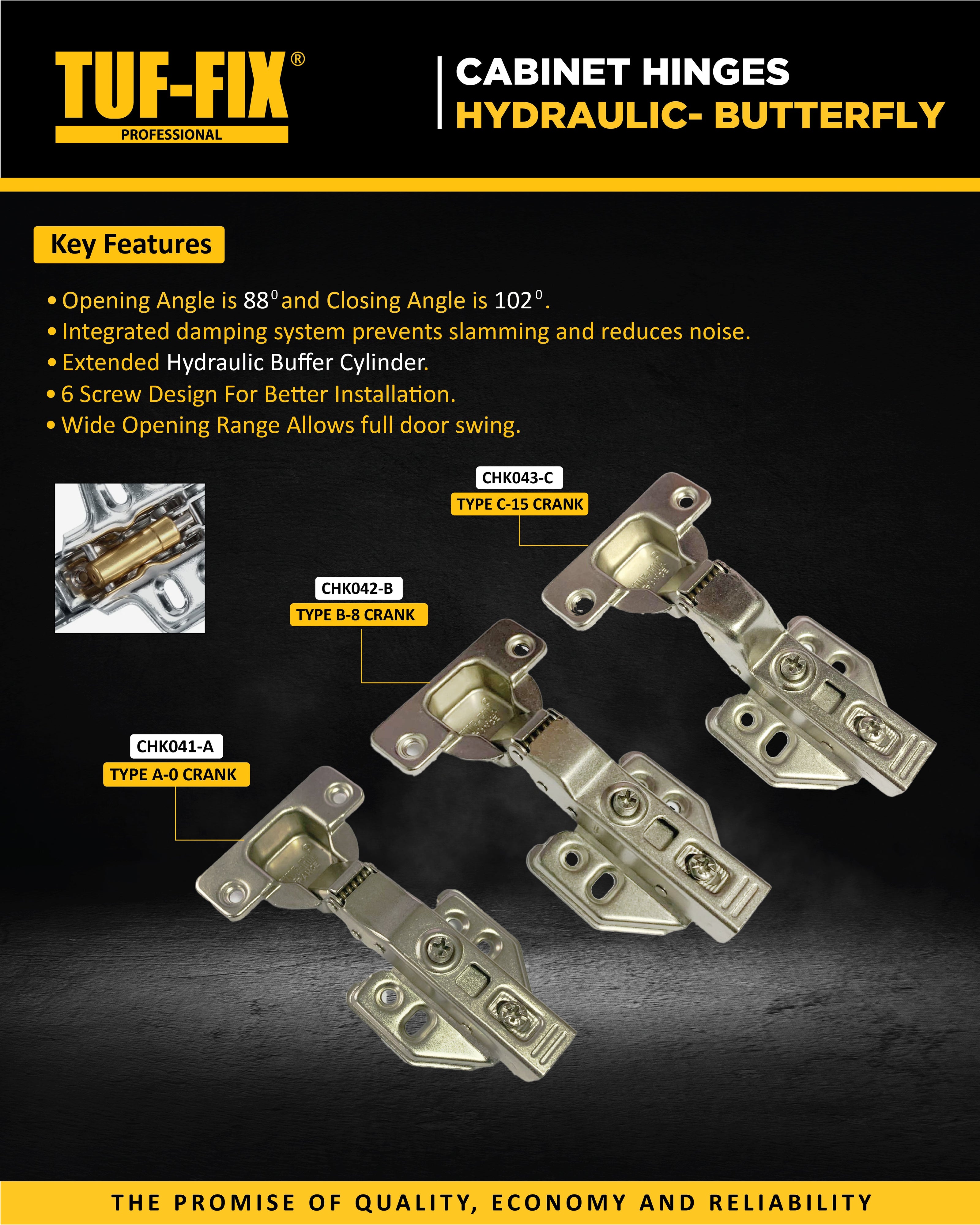 TUF-FIX cabinet hinges with key features highlighted on a dark background IN MUSCAT Oman.
مفصلات خزائن TUF-FIX مع إبراز الميزات الرئيسية على خلفية داكنة في مسقط، سلطنة عمان.
