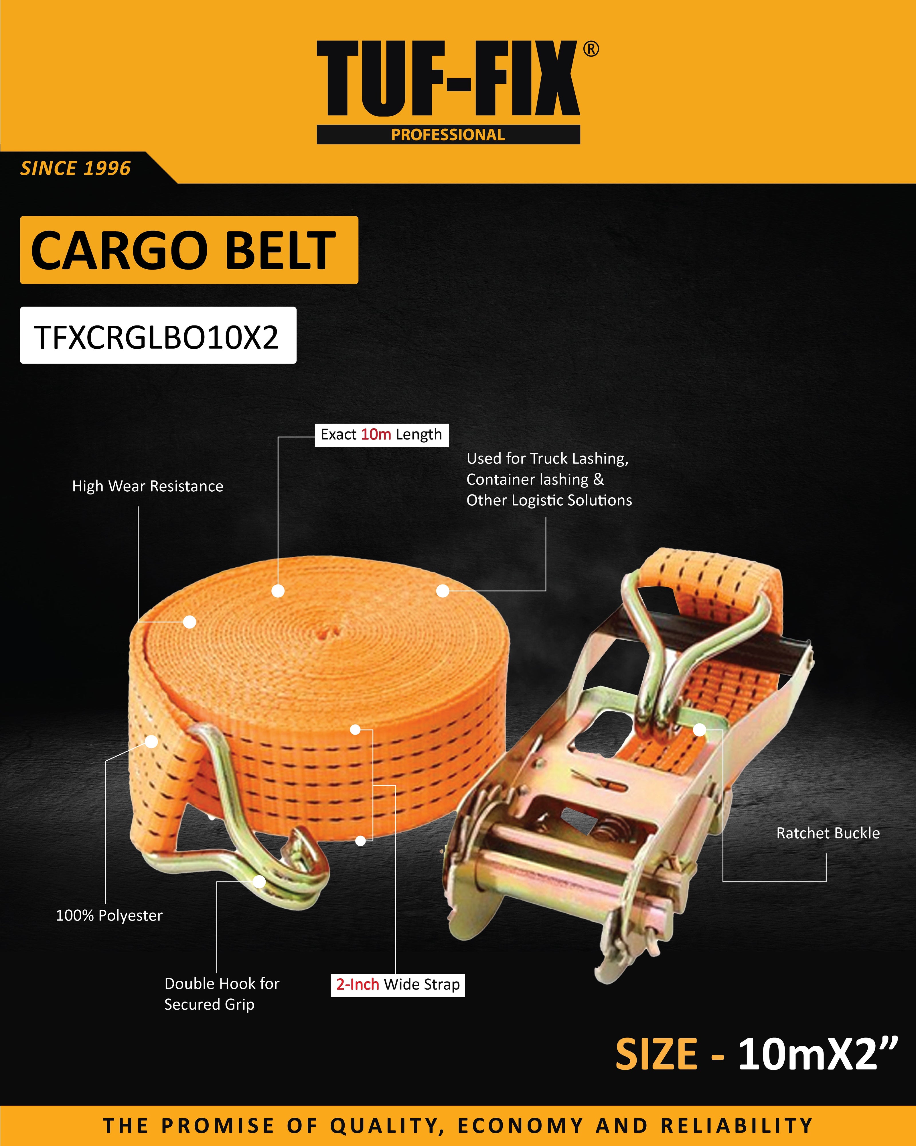 TUF-FIX TFXCRGLBO10X2 heavy duty 10m x 2 inch orange cargo belt with ratchet buckle in Muscat, Sohar, and Salalah Oman.
حزام ربط وتثبيت البضائع البرتقالي TUF-FIX TFXCRGLBO10X2 مقاس 10 متر × 2 بوصة في مسقط، صحار، وصلالة عمان