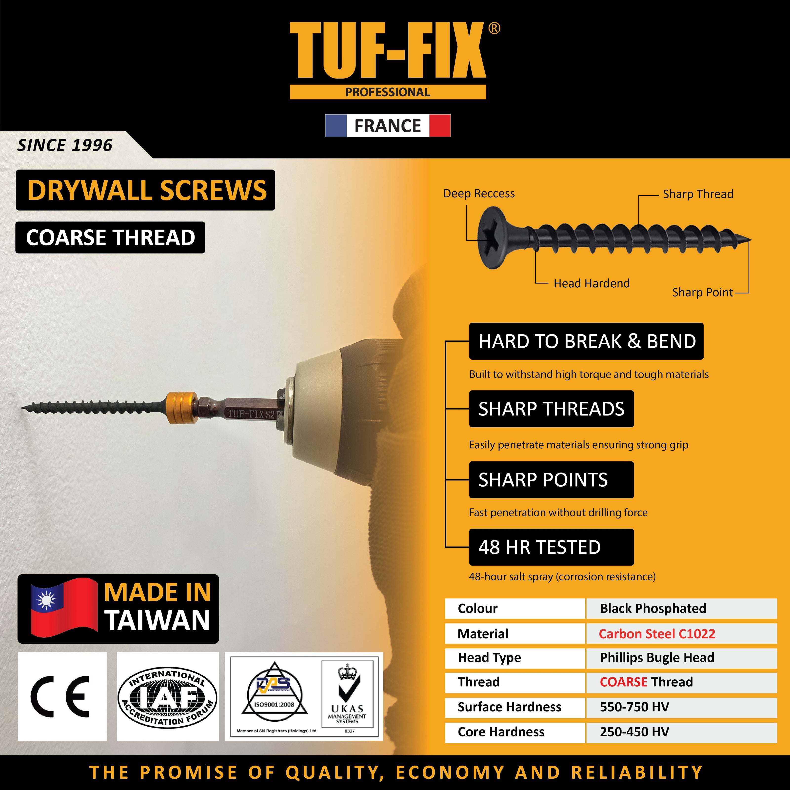 TUF-FIX coarse thread drywall screws product leaflet with technical specifications - Noor Al Wifaq, building materials supplier Oman.
منشور منتج براغي ألواح الجبس (Drywall Screws) بسن خشن من TUF-FIX يوضح المواصفات الفنية - نور الوفاق، مورد مواد البناء في عمان.