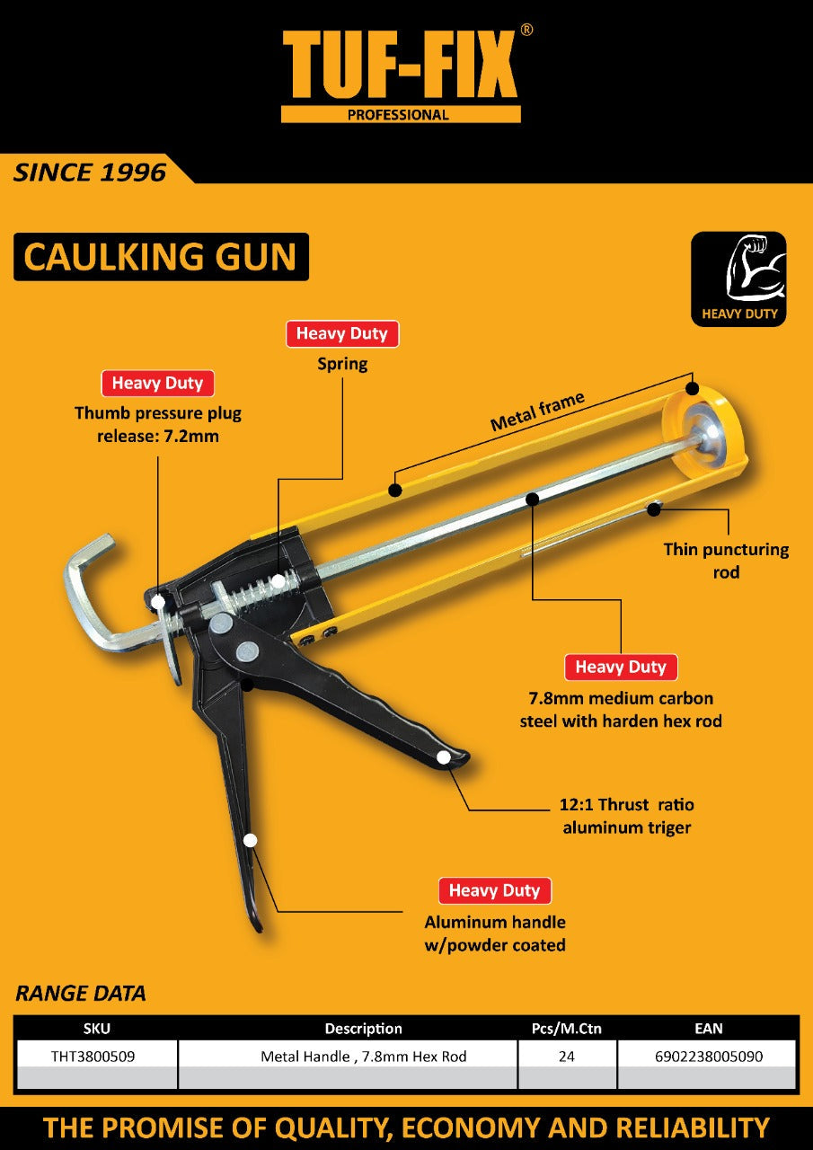 TUF-FIX heavy duty professional caulking gun technical diagram for hardware tools in Muscat Oman.
مخطط فني لفرد سيليكون تاف فيكس الاحترافي للأعمال الشاقة لأدوات ومعدات البناء في مسقط عمان