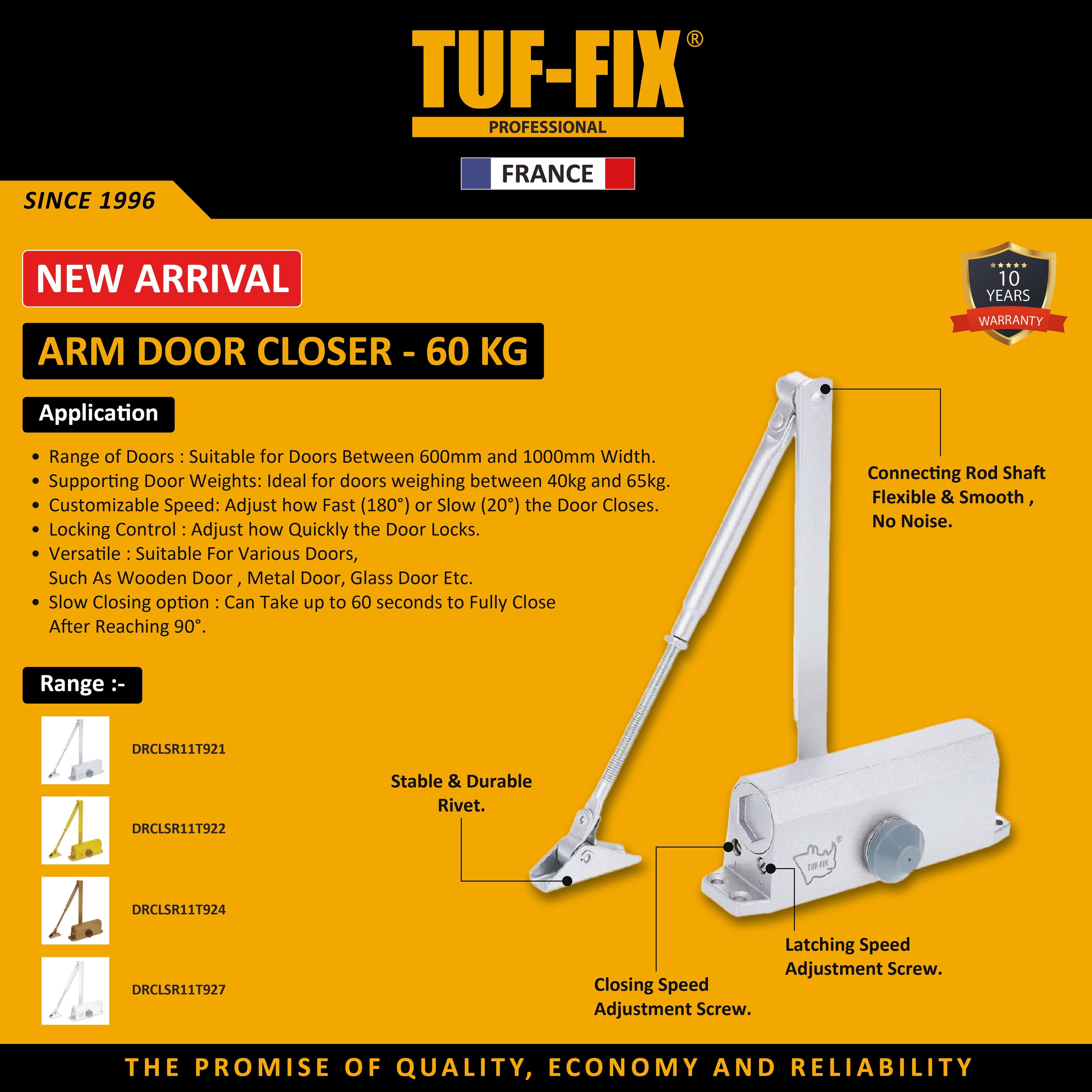 TUF-FIX heavy duty automatic overhead arm door closer 60 KG capacity hardware mechanism in Muscat Oman.
دفاش أبواب هايدروليك تاف فيكس ذراع غلق الأبواب الأوتوماتيكي حمولة 60 كجم في مسقط عُمان