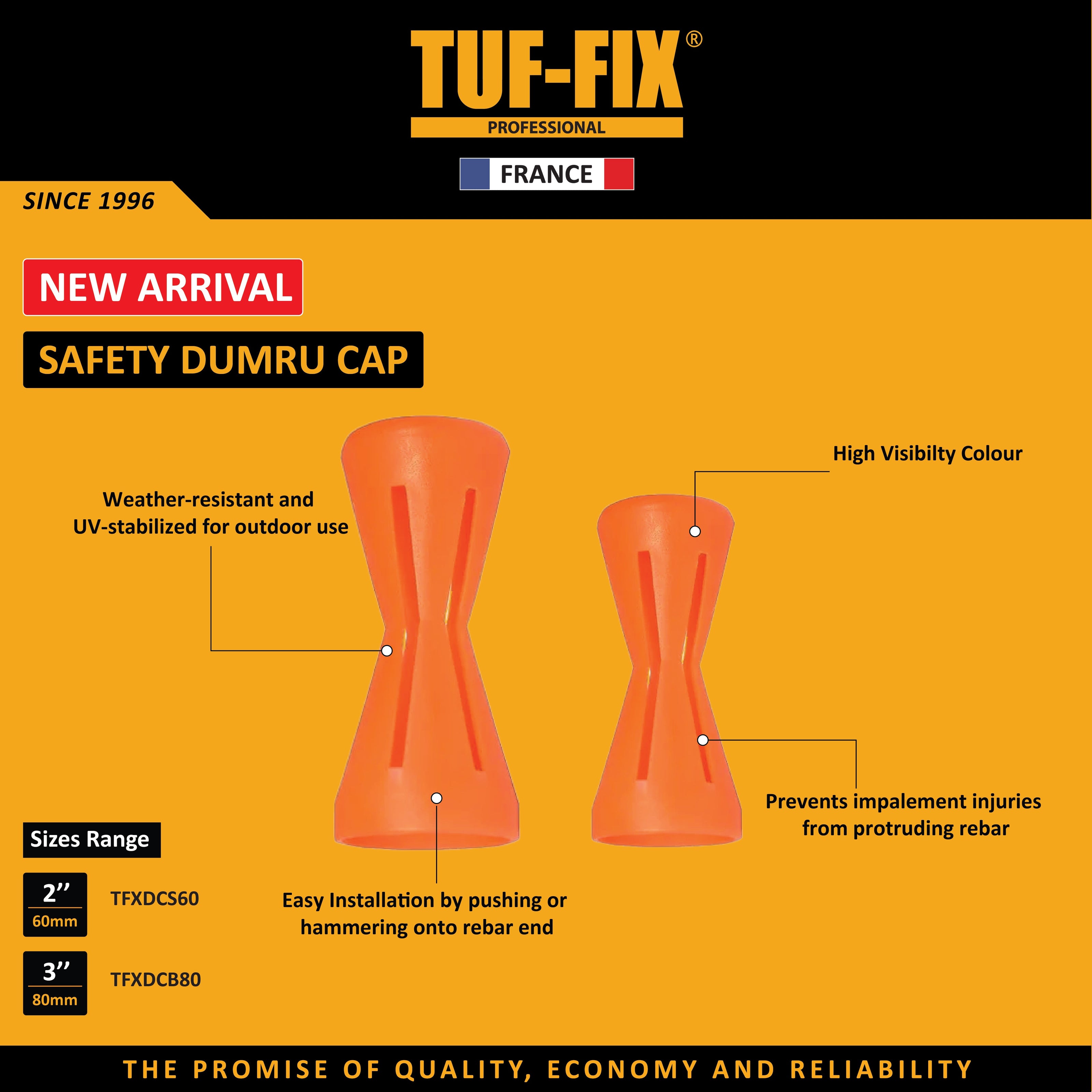 TUF-FIX 2-inch and 3-inch orange safety dumru rebar caps TFXDCS50 for site safety in Muscat, Sohar, and Salalah Oman.
أغطية حماية حديد التسليح دمرو (دمرو كاب) برتقالية مقاس 2 و 3 بوصة من TUF-FIX في مسقط، صحار، وصلالة عمان