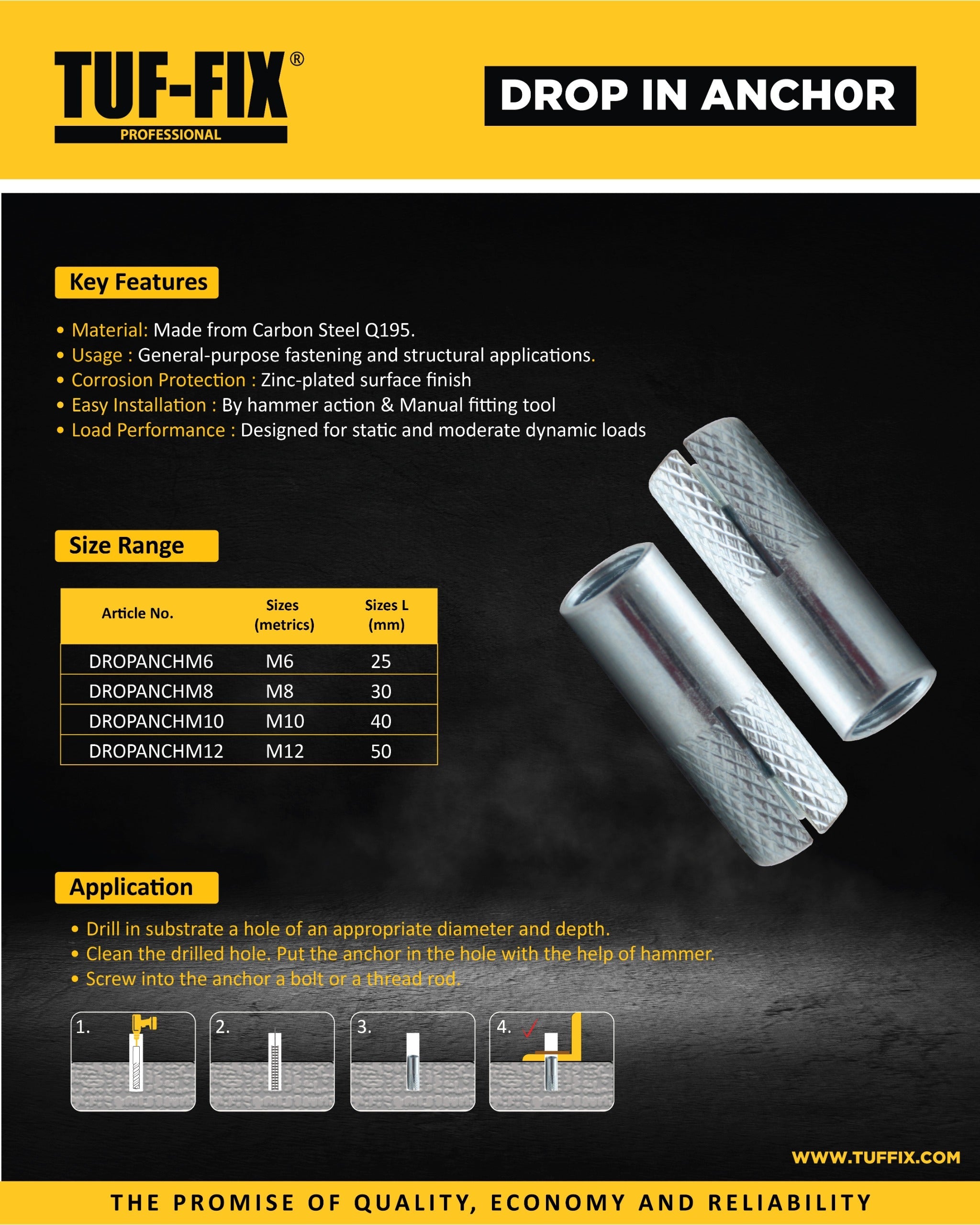 TUF-FIX carbon steel drop-in anchor product leaflet showing size range and installation instructions - Noor Al Wifaq, hardware distributor Oman.
منشور منتج إسفين تثبيت داخلي / خابور غاطس (Drop In Anchor) من فولاذ الكربون من TUF-FIX يوضح نطاق الأحجام وإرشادات التركيب - نور الوفاق، موزع أدوات ومعدات في سلطنة عمان.