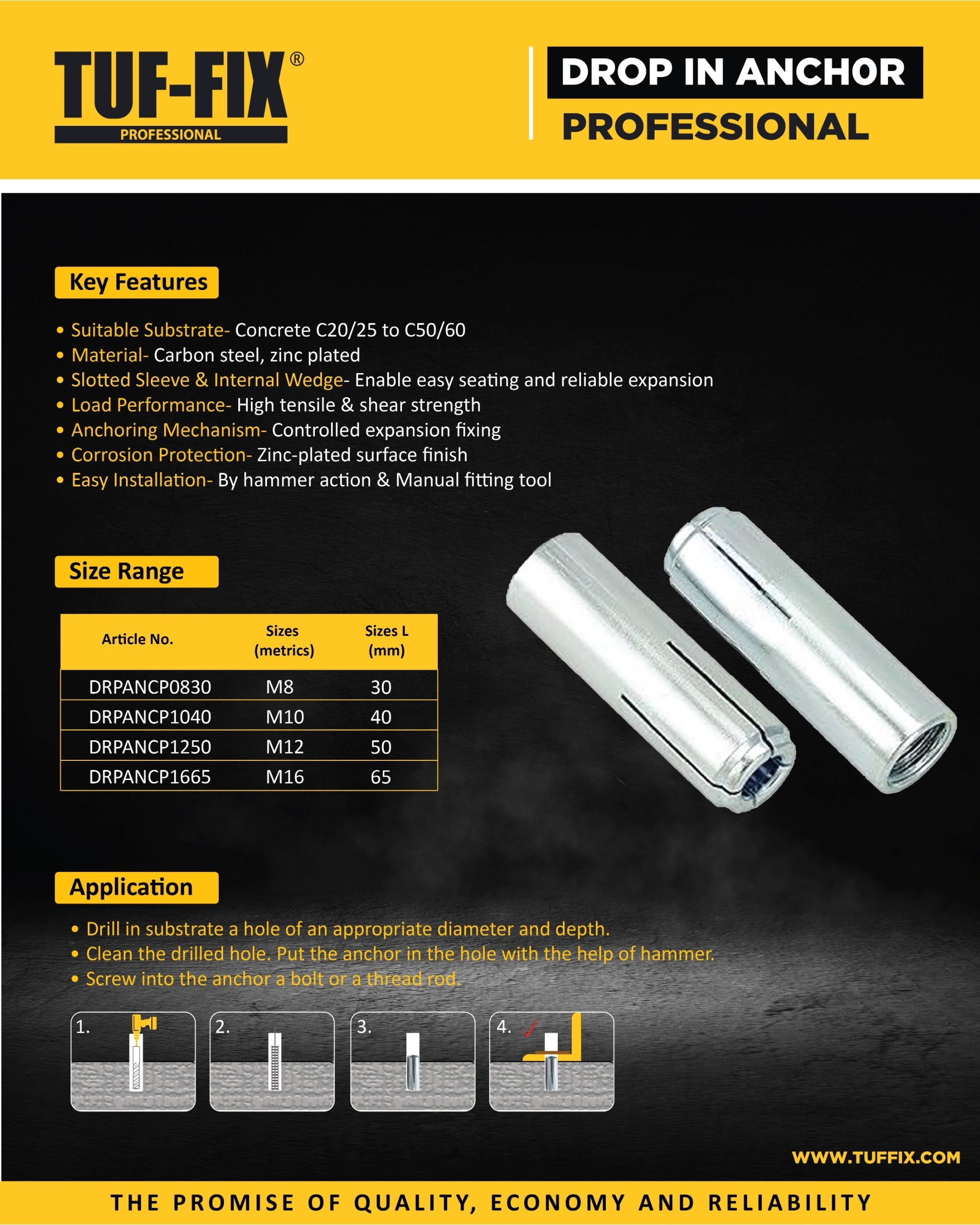 TUF-FIX Professional drop-in anchor product leaflet showing zinc-plated carbon steel key features and concrete specifications - Noor Al Wifaq Oman.
منشور منتج إسفين تثبيت غاطس احترافي (Drop In Anchor Professional) من TUF-FIX يوضح ميزات فولاذ الكربون المجلفن ومواصفات الخرسانة - نور الوفاق عمان.