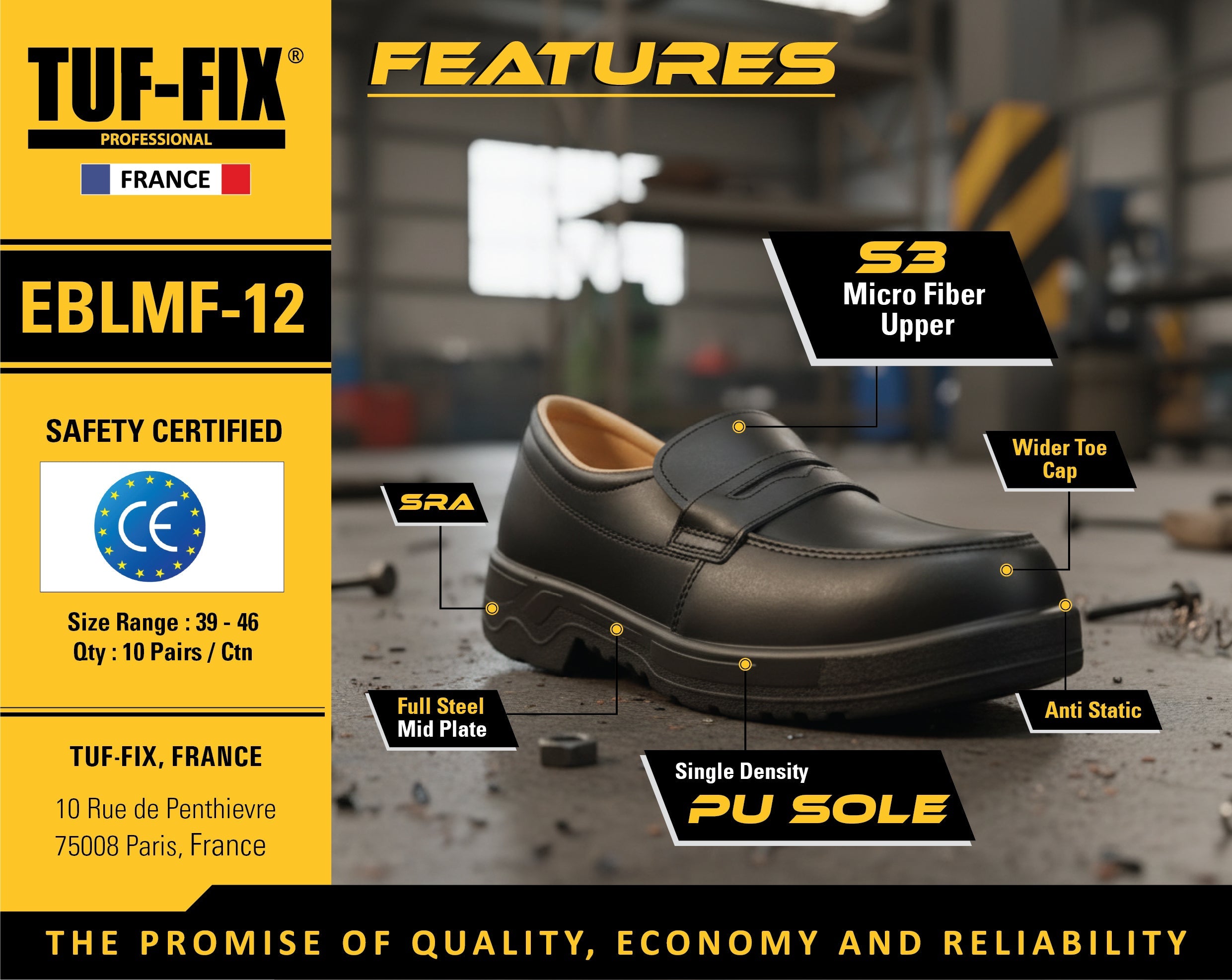 TUF-FIX EBLMF-12 S3 microfiber upper executive safety shoe with slip-on design and PU sole available in Oman.
حذاء سلامة للمدراء والمشرفين TUF-FIX EBLMF-12 مع جزء علوي من المايكروفايبر S3 ونعل PU متوفر في عمان