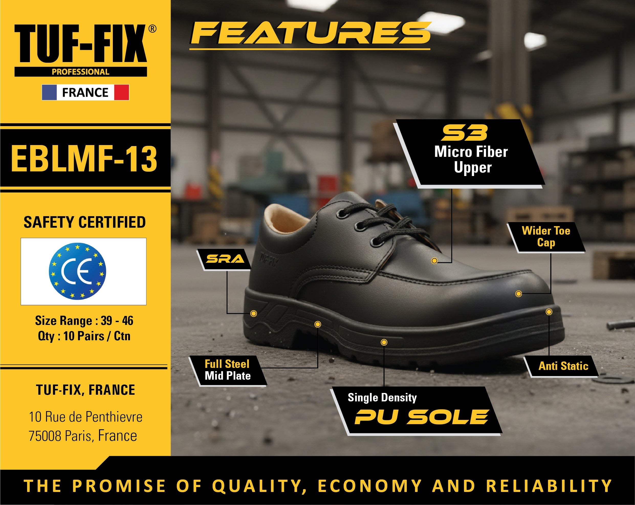 TUF-FIX EBLMF-13 S3 microfiber upper executive safety shoe with lace-up design and PU sole available in Oman.
حذاء سلامة رسمي برباط TUF-FIX EBLMF-13 مع جزء علوي من المايكروفايبر S3 ونعل PU متوفر في عمان