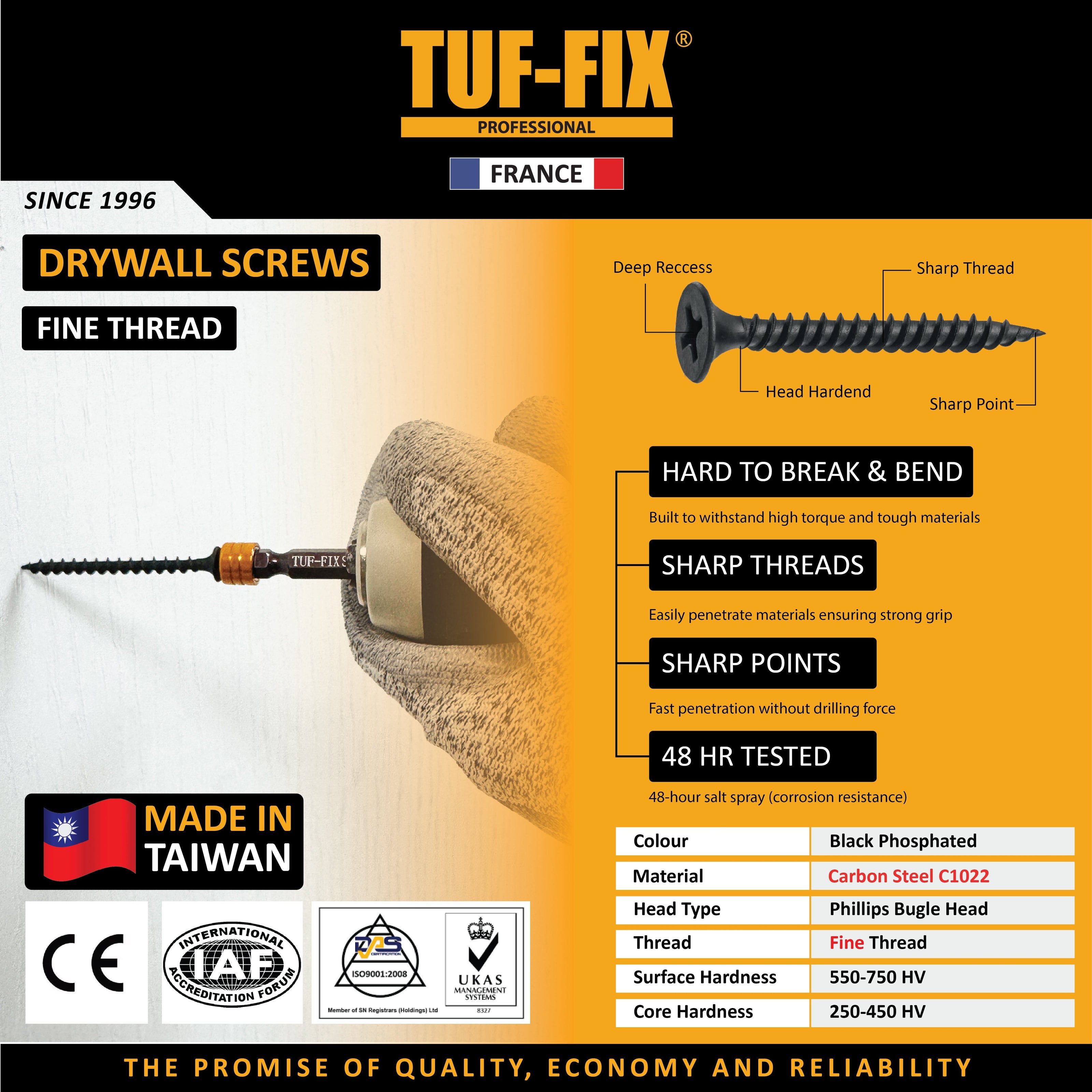 TUF-FIX fine thread drywall screws product leaflet showing technical specifications - Noor Al Wifaq, construction tools supplier Oman.
منشور منتج براغي ألواح الجبس (Drywall Screws) بسن ناعم من TUF-FIX يوضح المواصفات الفنية - نور الوفاق، مورد أدوات البناء في عمان.