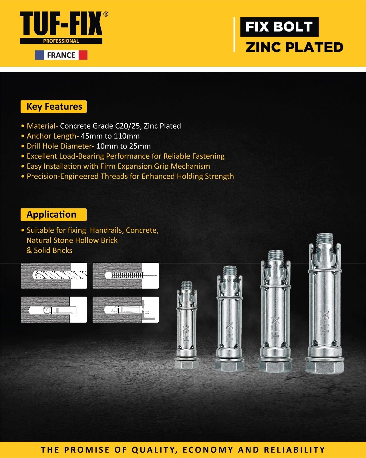TUF-FIX zinc-plated fix bolt anchor product leaflet showing key features and concrete application details - Noor Al Wifaq, hardware distributor Oman.
منشور منتج إسفين تثبيت / خابور ربط (Fix Bolt) مجلفن من TUF-FIX يوضح الميزات الأساسية وتفاصيل الاستخدام في الخرسانة - نور الوفاق، موزع أدوات ومعدات في سلطنة عمان.
