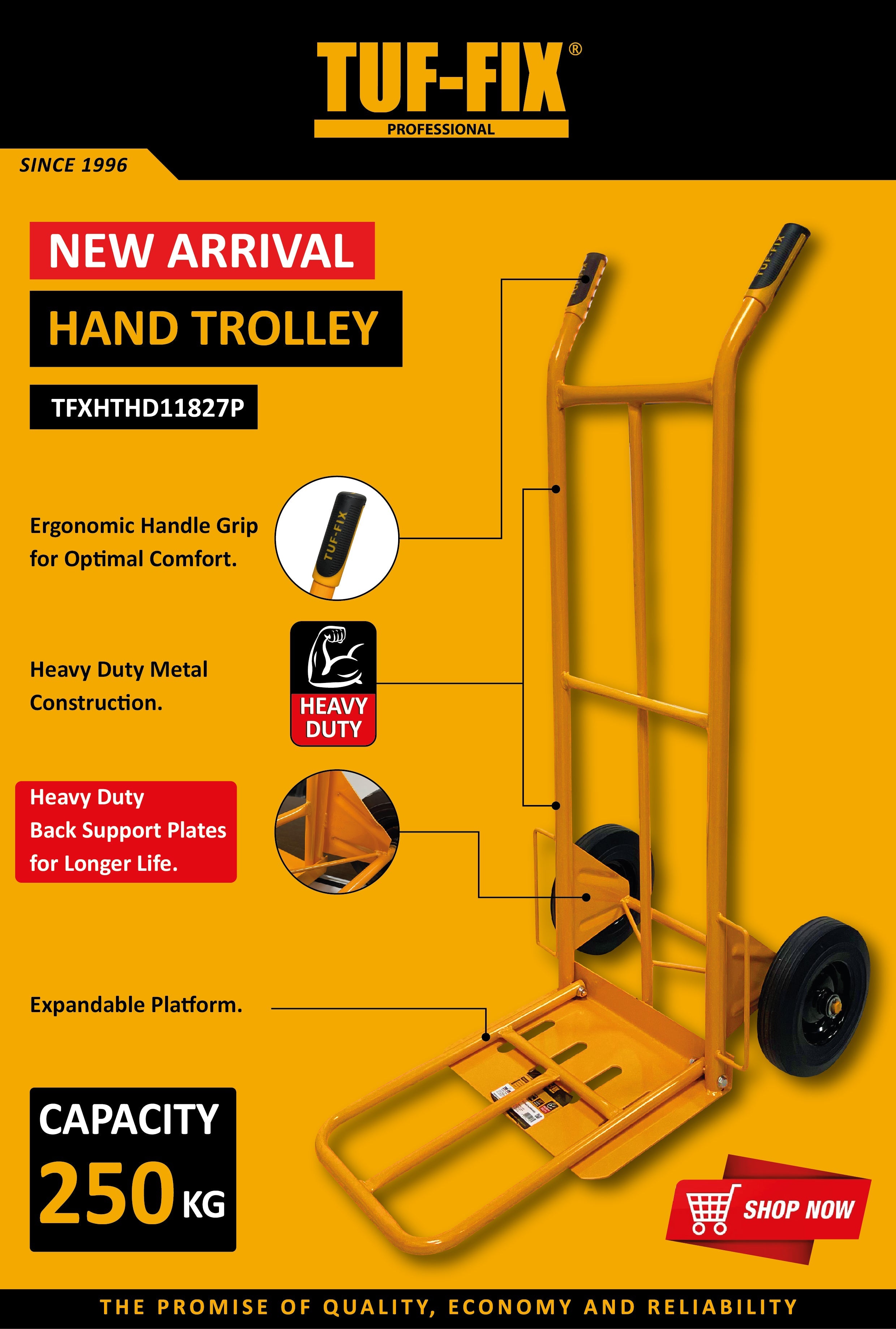 TUF-FIX TFXHTHD118250 heavy duty 250kg hand trolley with expandable platform in Muscat, Sohar, and Salalah Oman.
عربة نقل بضائع يدوية ثنائية العجلات TUF-FIX TFXHTHD118250 سعة 250 كجم في مسقط، صحار، وصلالة عمان