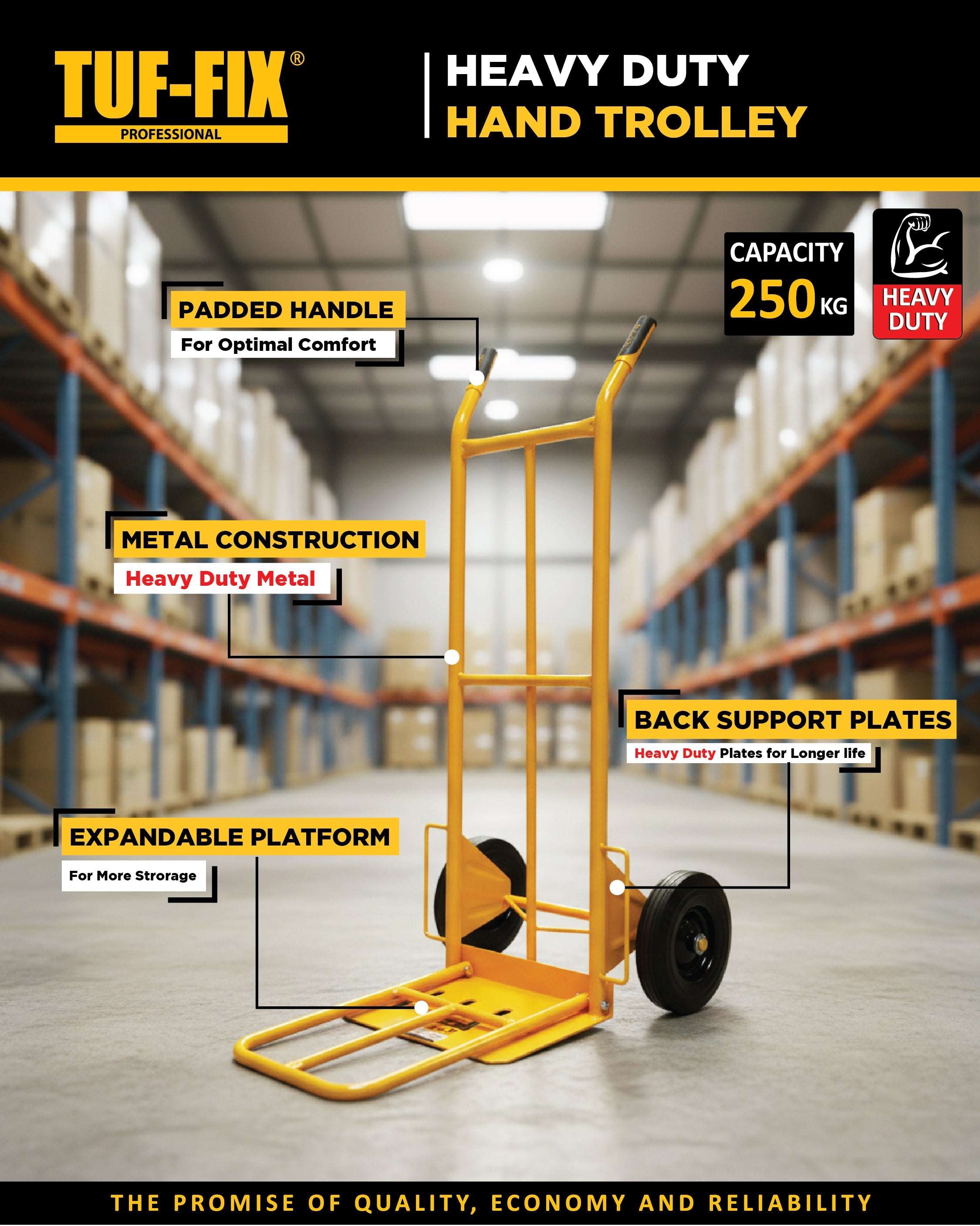 TUF-FIX 250kg heavy duty hand trolley with expandable platform and back support plates in Muscat, Sohar, and Salalah Oman.
عربة نقل بضائع يدوية ثنائية العجلات سعة 250 كجم من TUF-FIX مع قاعدة قابلة للتمدد في مسقط، صحار، وصلالة عمان