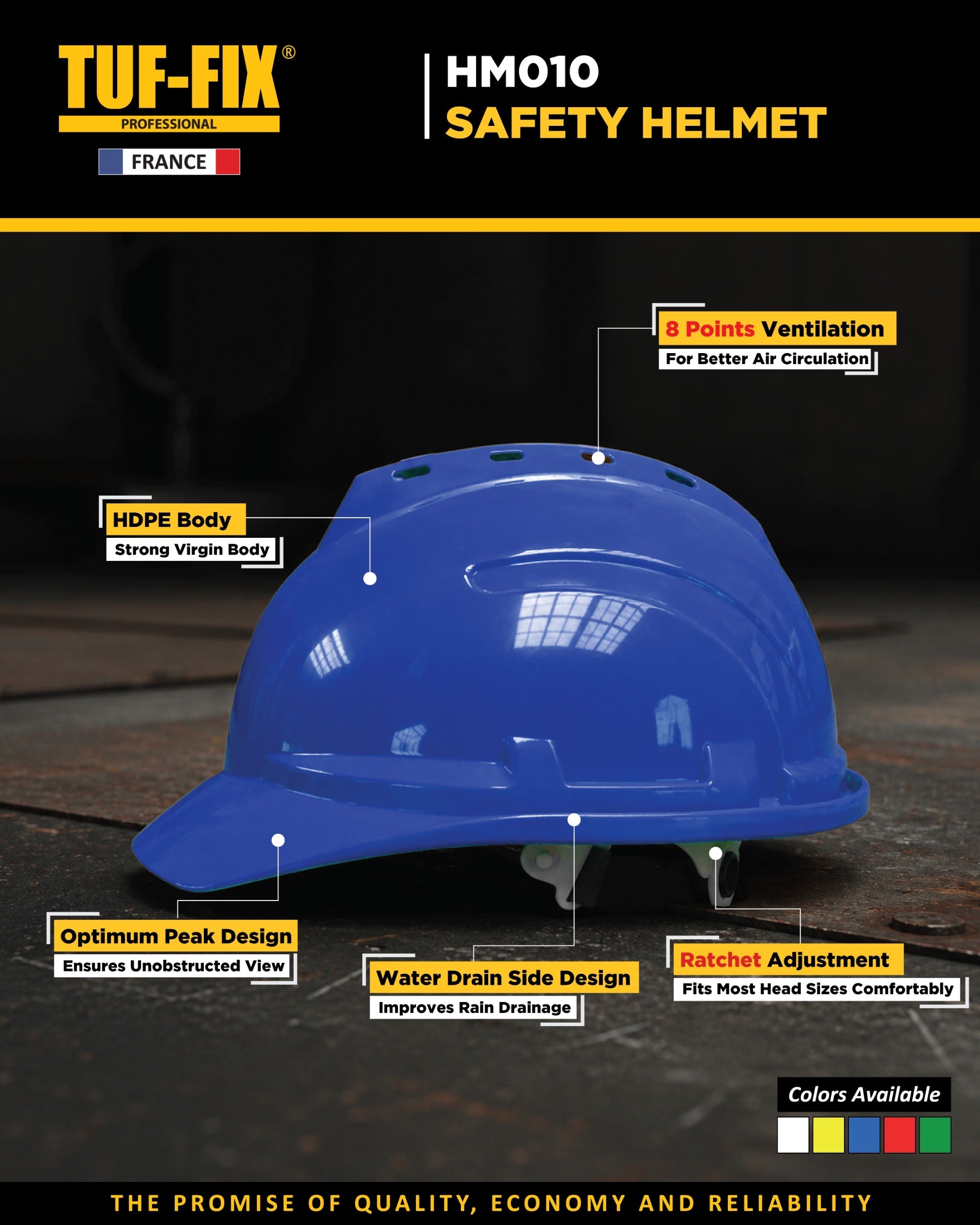 TUF-FIX HM007 yellow industrial safety helmet product leaflet showing HDPE body, optimum peak design, and headband adjustment features - Noor Al Wifaq Oman.
منشور منتج خوذة السلامة الصناعية الصفراء (HM007 Safety Helmet) من TUF-FIX يوضح مواصفات هيكل البولي إيثيلين عالي الكثافة ونظام تعديل المقاس - نور الوفاق عمان.