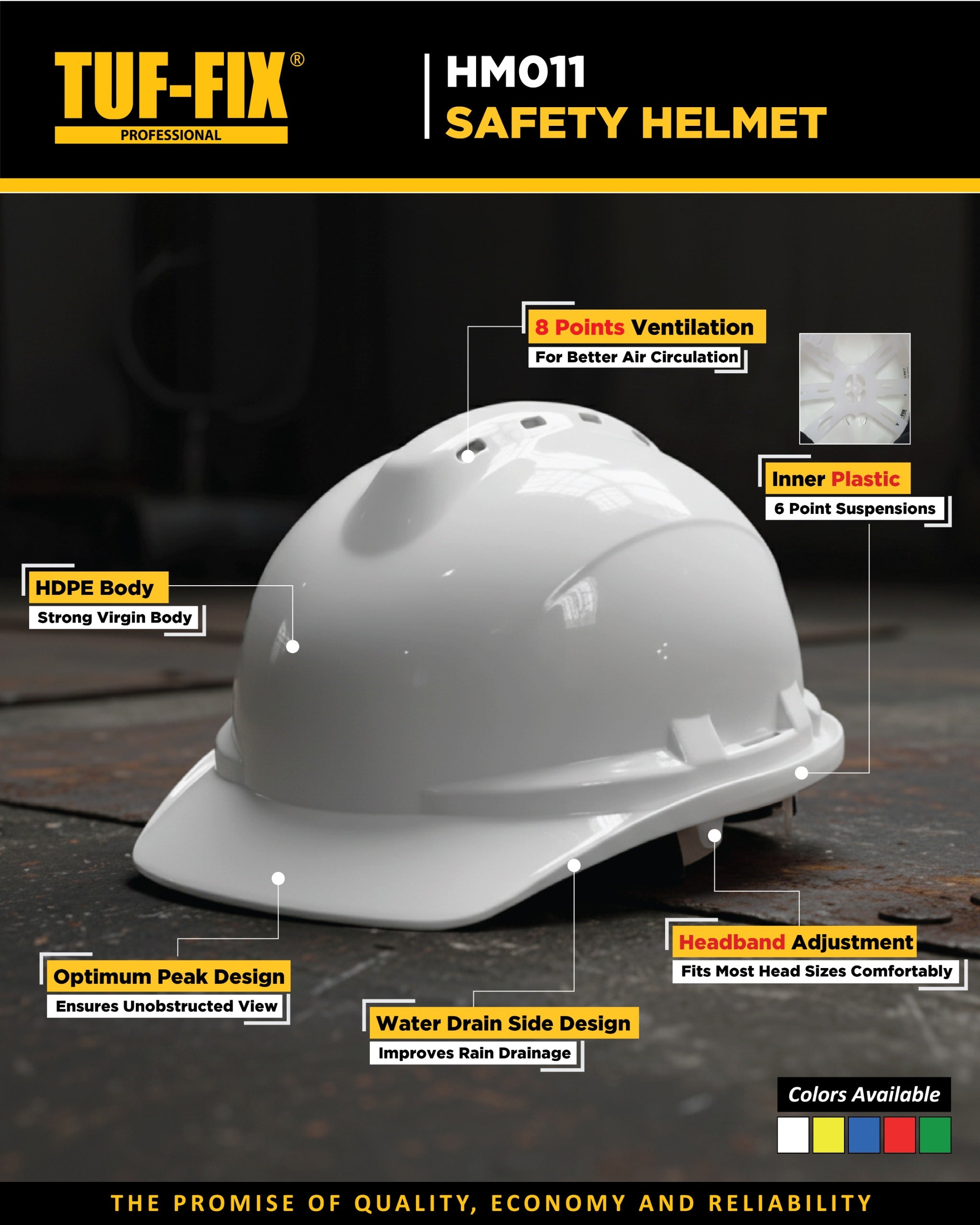 TUF-FIX HM011 white industrial safety helmet leaflet showing 8-point ventilation system, inner plastic suspension, and water drain side design - Noor Al Wifaq Oman.
منشور منتج خوذة سلامة صناعية بيضاء (HM011 Safety Helmet) من TUF-FIX يوضح ميزات نظام التهوية بـ 8 نقاط والتعليق البلاستيكي الداخلي - نور الوفاق عمان.