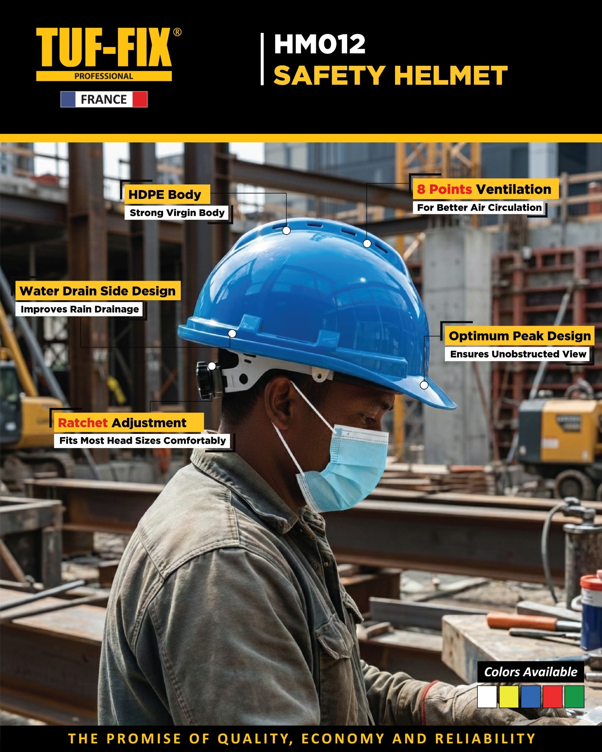 TUF-FIX HM012 light blue industrial safety helmet leaflet showing a worker on site with features like 8-point ventilation and ratchet adjustment - Noor Al Wifaq Oman.
منشور منتج خوذة سلامة صناعية زرقاء فاتحة (HM012 Safety Helmet) يظهر عاملاً في موقع إنشائي مع توضيح ميزات التهوية بـ 8 نقاط وقفل التعديل الدائري من TUF-FIX - نور الوفاق عمان.