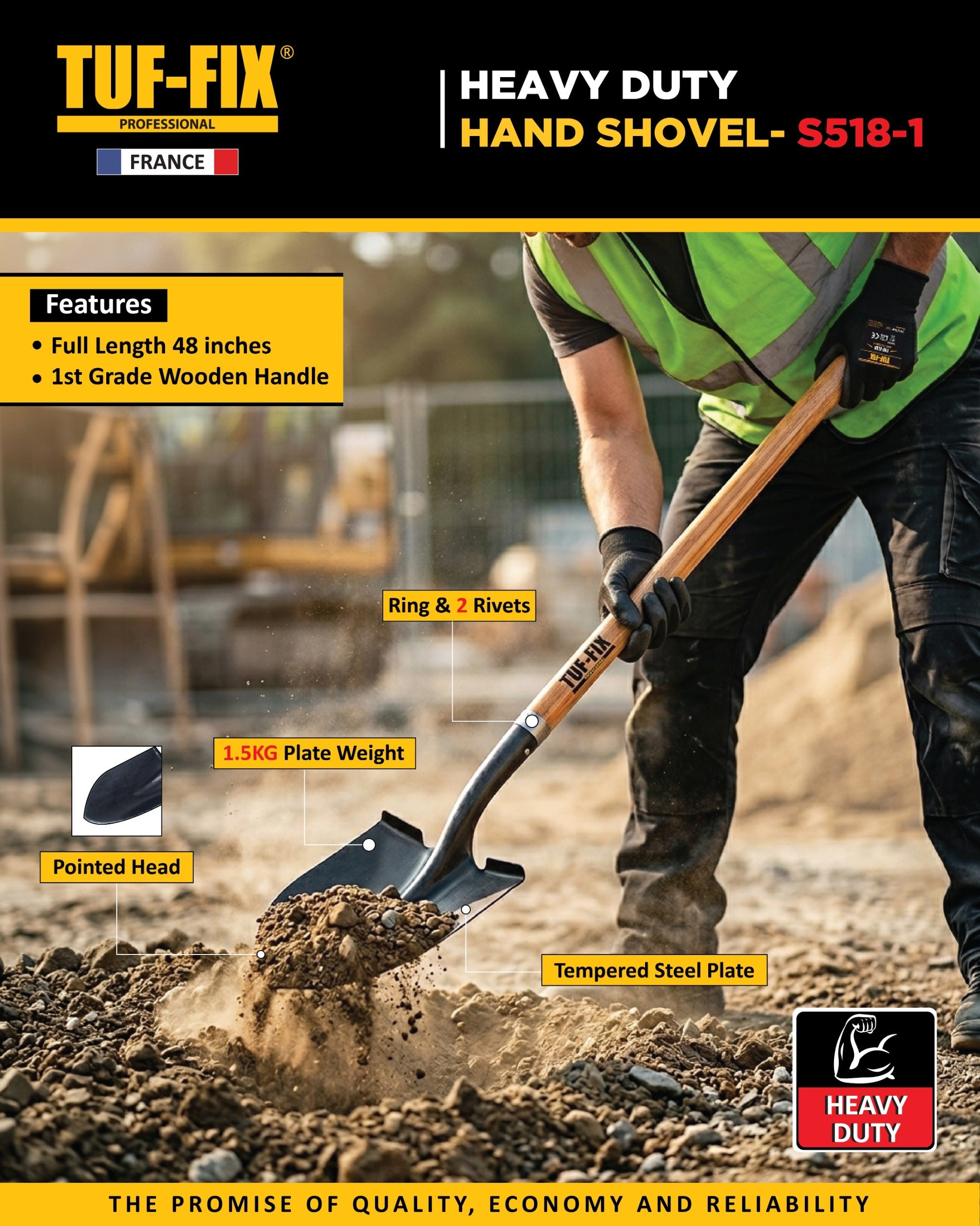 TUF-FIX S518-1 heavy duty hand shovel with 48-inch wooden handle and tempered steel plate in Oman.
مجرفة يد شديدة التحمل TUF-FIX S518-1 مع مقبض خشبي بطول 48 بوصة ولوح فولاذي مقسى في عمان