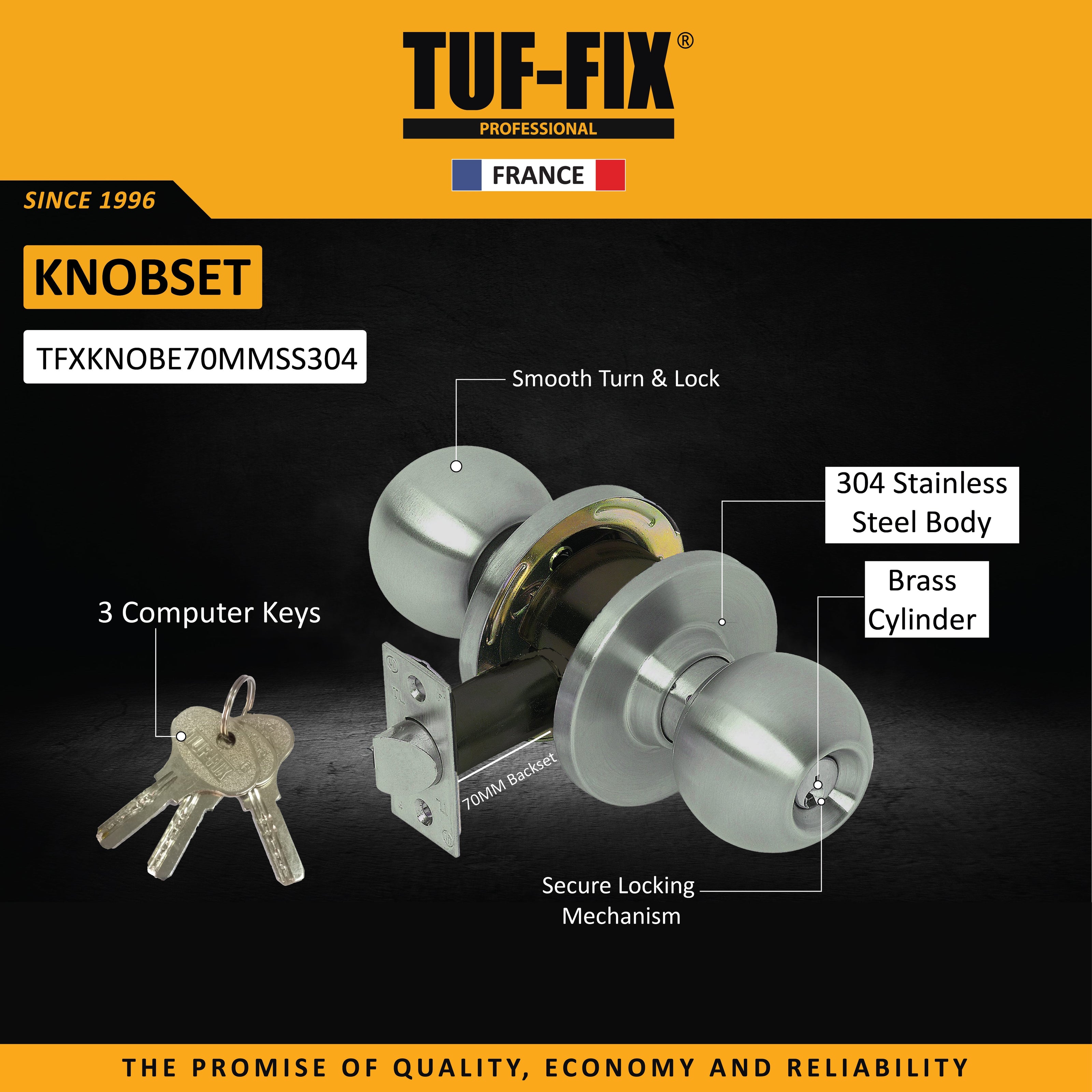 UF-FIX TFXKNOBE70MMSS304 304 stainless steel body cylindrical door lock knobset with computer keys in Muscat Oman.
مقبض قفل باب أسطواني تاف فيكس TFXKNOBE70MMSS304 هيكل ستانلس ستيل 304 مع مفاتيح كمبيوتر في مسقط عُمان