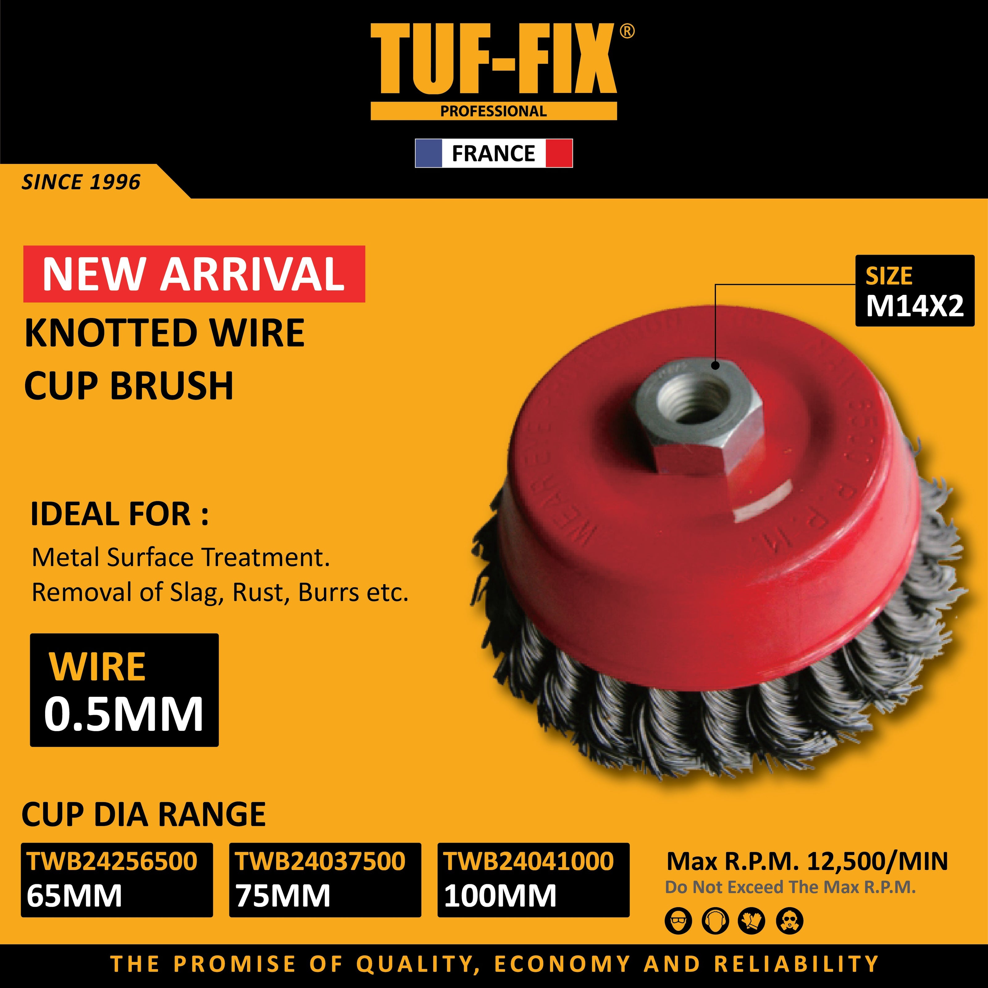 TUF-FIX M14x2 knotted wire cup brush with 0.5mm wire in 65mm, 75mm, and 100mm sizes for angle grinders in Muscat, Sohar, and Salalah Oman.
فرشاة سلك كاسة مجدول M14x2 من TUF-FIX بسماكة 0.5 مم ومقاسات 65، 75، و 100 مم لصاروخ التجليخ في مسقط، صحار، وصلالة عمان