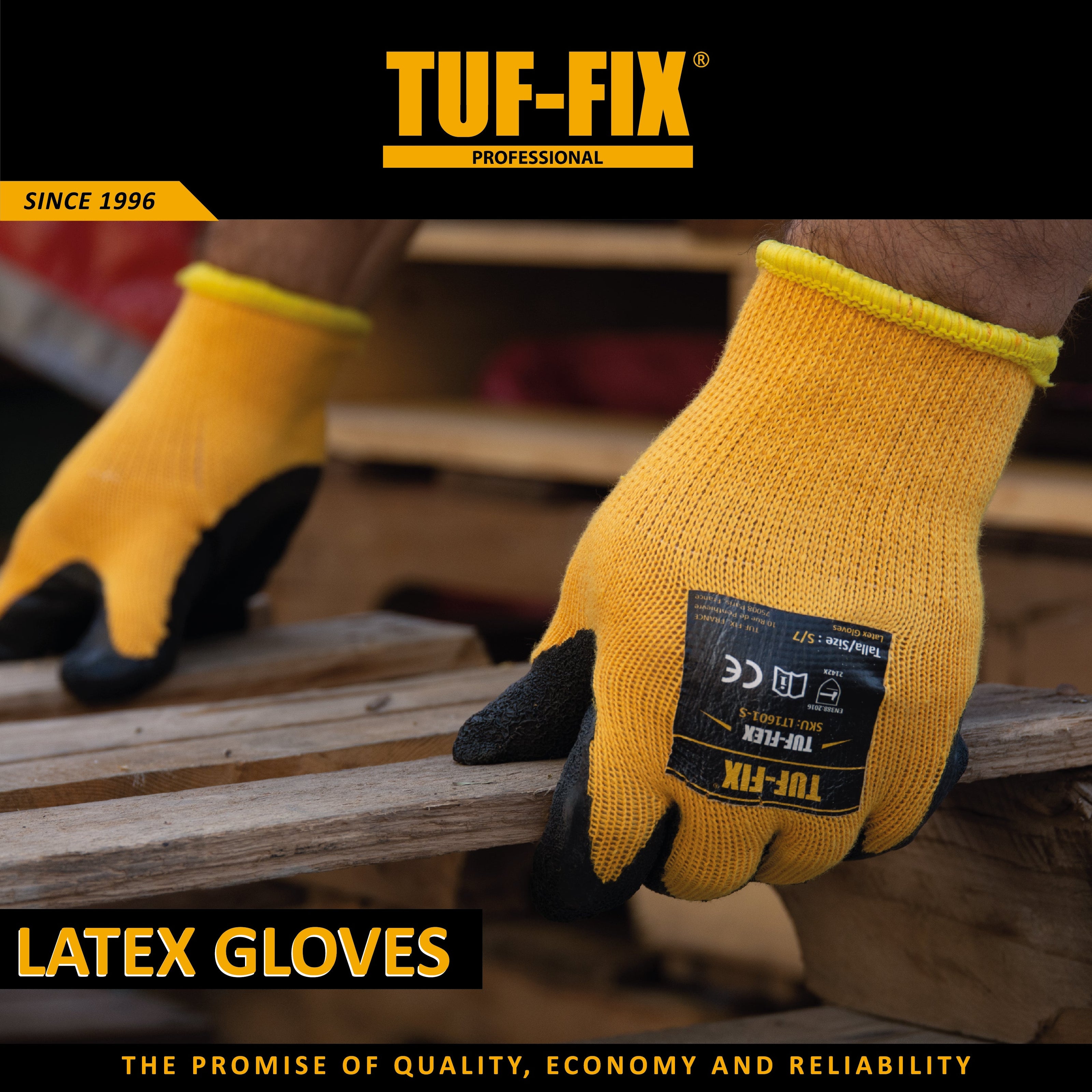 TUF-FIX LGBG05 latex safety gloves leaflet showcasing blue latex crinkle coating on palm and fingers, breathable knit wrist, and EN388:2016 CE compliance indicators - Noor Al Wifaq Oman.
منشور منتج قفازات سلامة لاتكس (LGBG05 Latex Gloves) من TUF-FIX يوضح ميزات الطبقة الزرقاء المجعدة المقاومة للانزلاق ومطابقة معايير الحماية الأوروبية EN388 - نور الوفاق عمان.