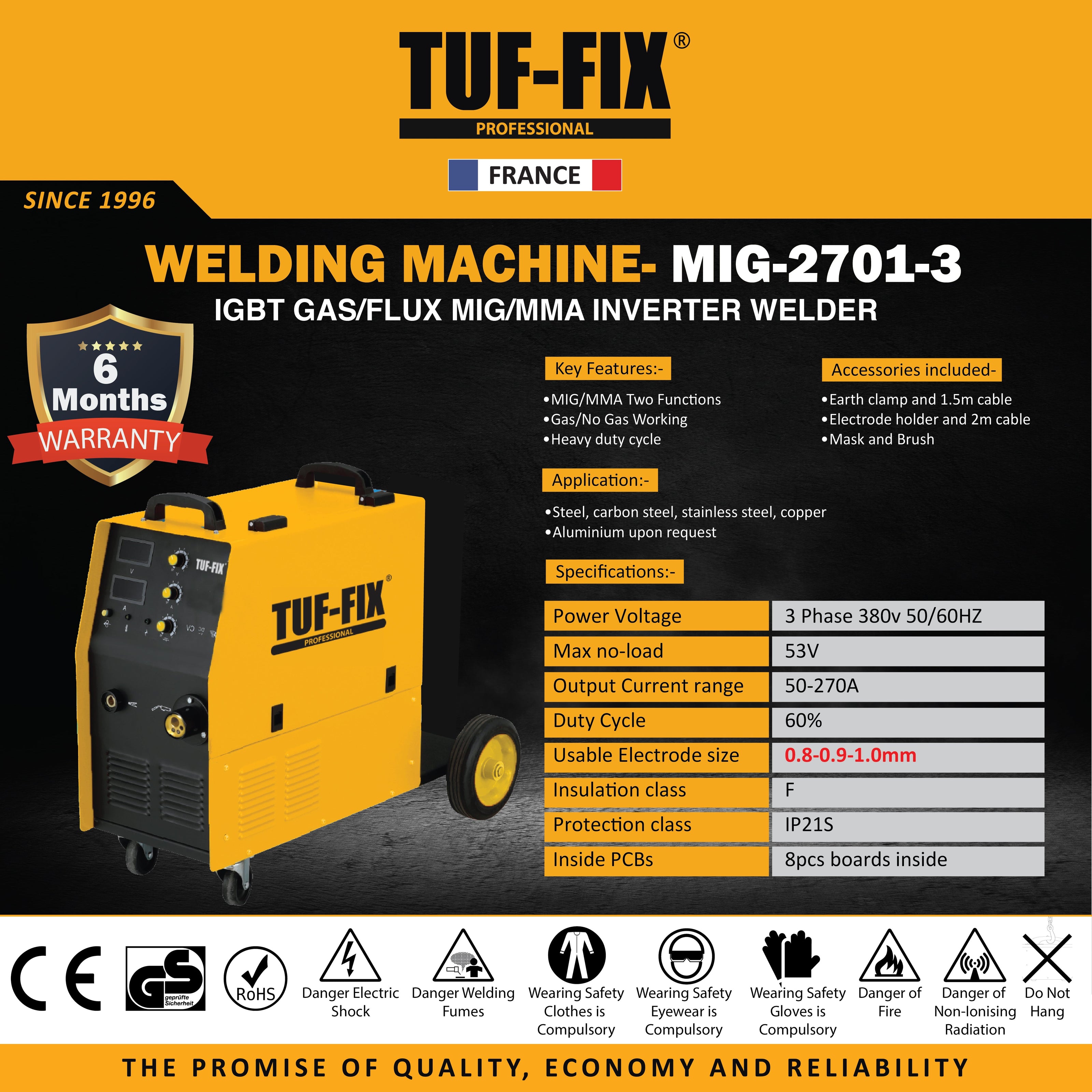 TUF-FIX MIG-2701-3 IGBT Gas Flux MIG MMA Inverter Welder machine technical specification chart in Muscat Oman.
مخطط المواصفات الفنية لماكينة عاكس لحام تاف فيكس MIG-2701-3 ميج وممب غاز في مسقط عُمان