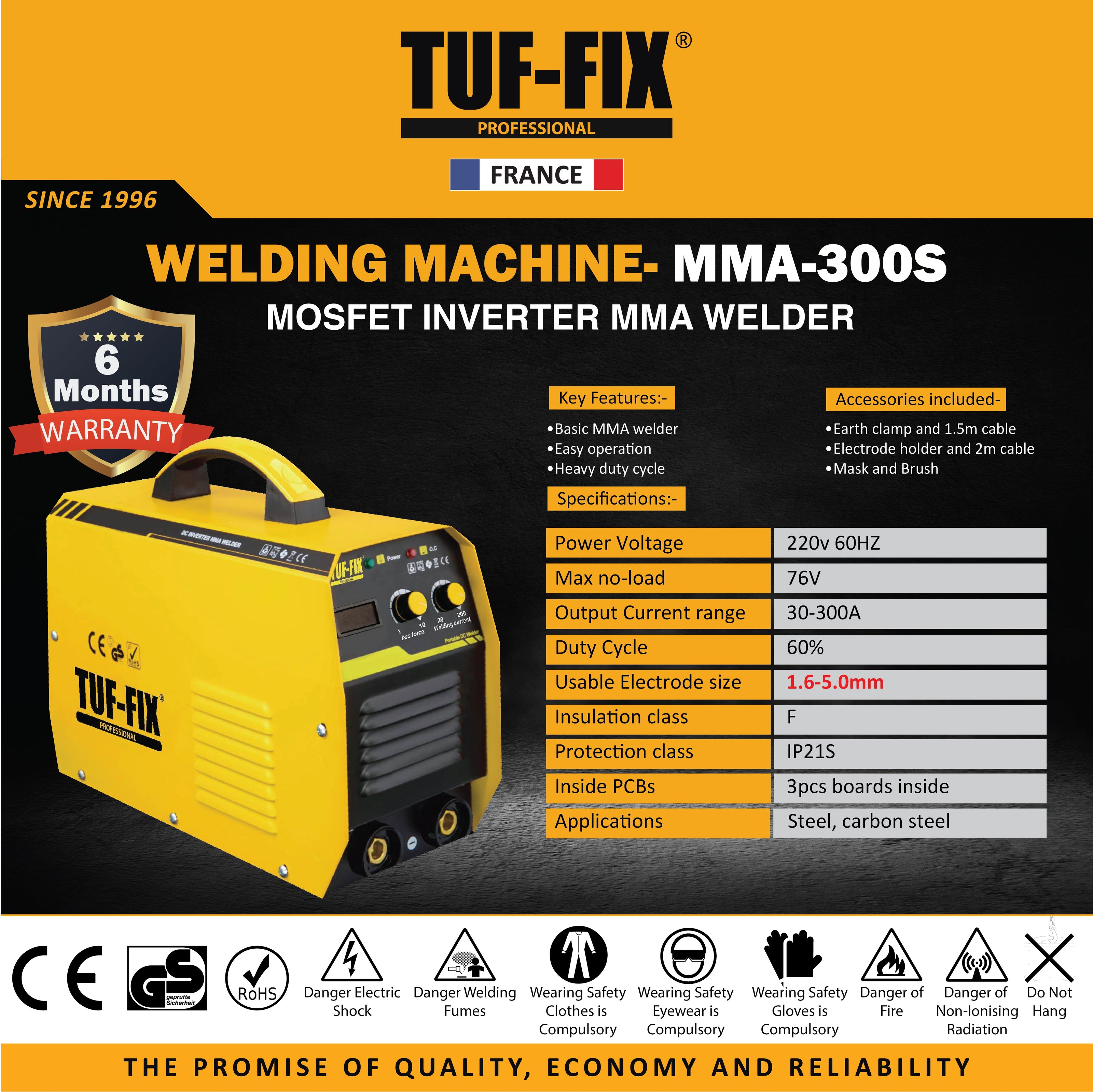 TUF-FIX MMA-300S MOSFET Inverter MMA Welding Machine technical specification chart in Muscat Oman.
مخطط المواصفات الفنية لماكينة عاكس لحام تاف فيكس MMA-300S موسفت قوس يدوي في مسقط عُمان