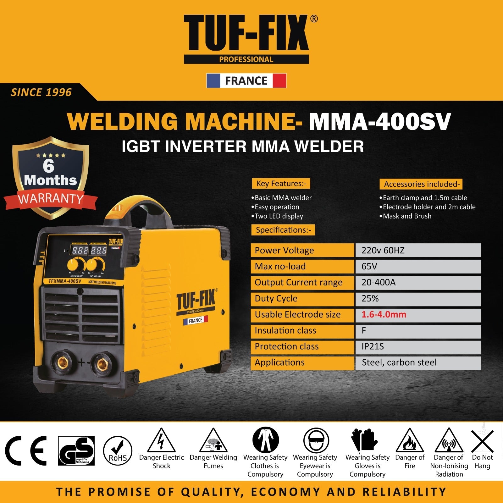 TUF-FIX MMA-400SV IGBT Inverter MMA Welding Machine technical specification chart in Muscat Oman.
مخطط المواصفات الفنية لماكينة عاكس لحام تاف فيكس MMA-400SV كهرباء قوس يدوي في مسقط عُمان