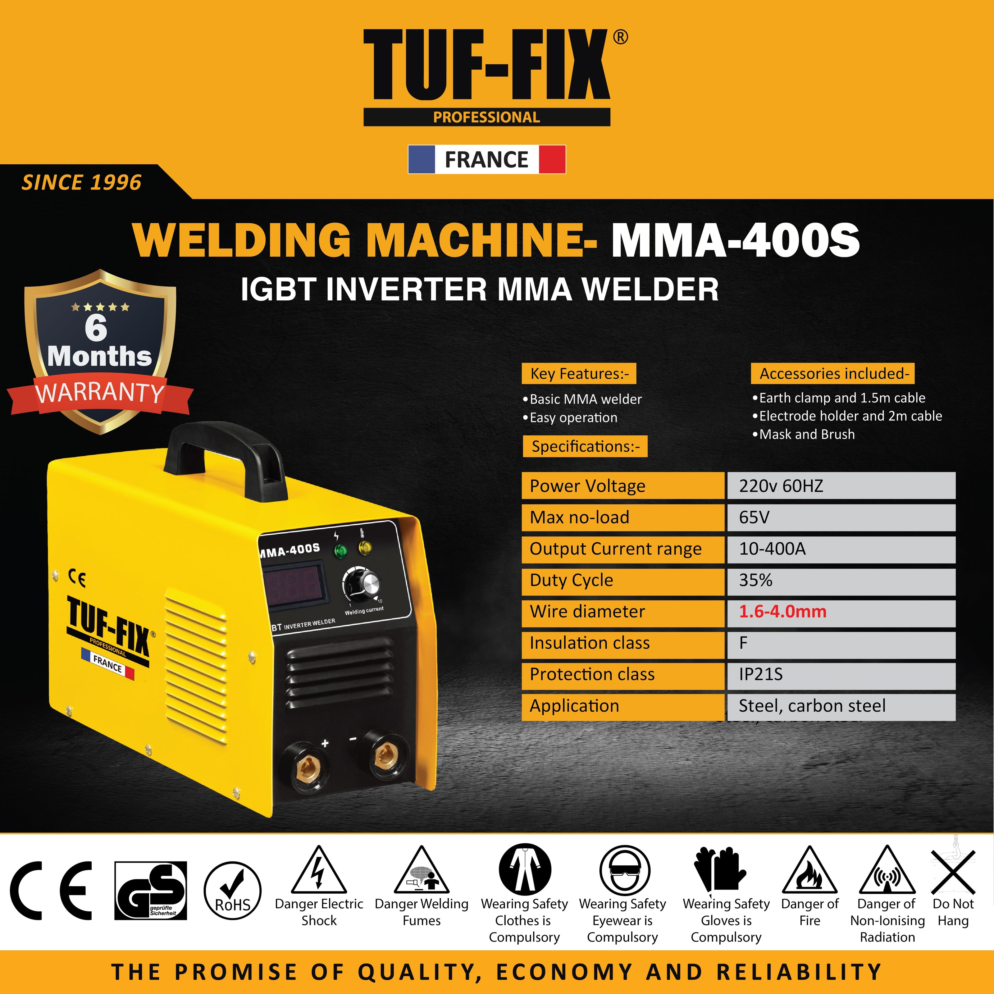 TUF-FIX MMA-400S IGBT Inverter MMA Welding Machine technical specification chart in Muscat Oman.
مخطط المواصفات الفنية لماكينة عاكس لحام تاف فيكس MMA-400S كهرباء قوس يدوي في مسقط عُمان
