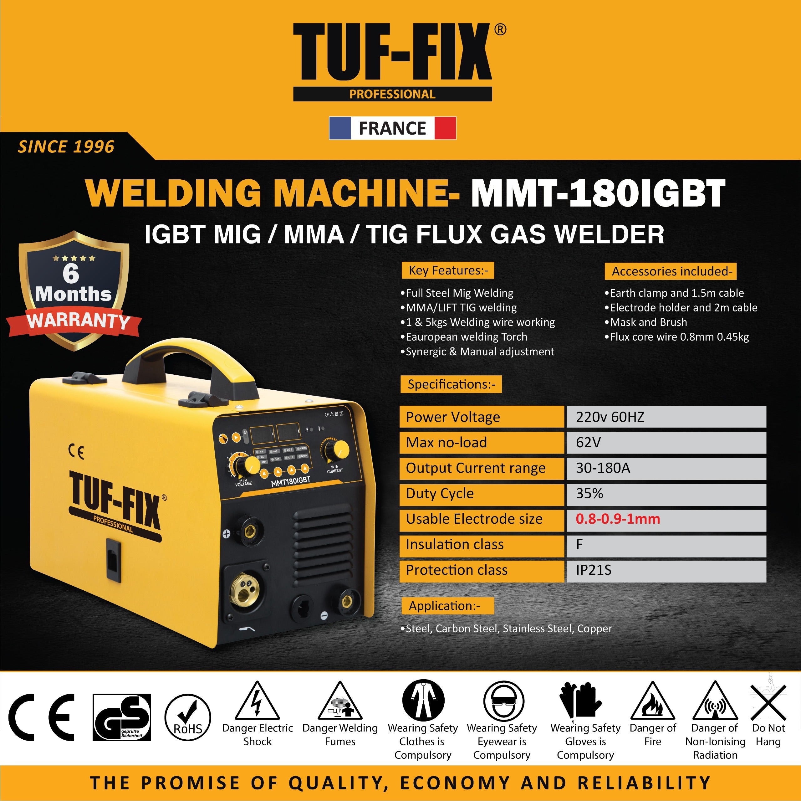 TUF-FIX MMT-180IGBT MIG MMA TIG Flux Gas Welder machine technical specification details in Muscat Oman.
مخطط المواصفات الفنية لماكينة لحام متعددة الوظائف تاف فيكس MMT-180IGBT ميج وتيج وكهرباء في مسقط عُمان