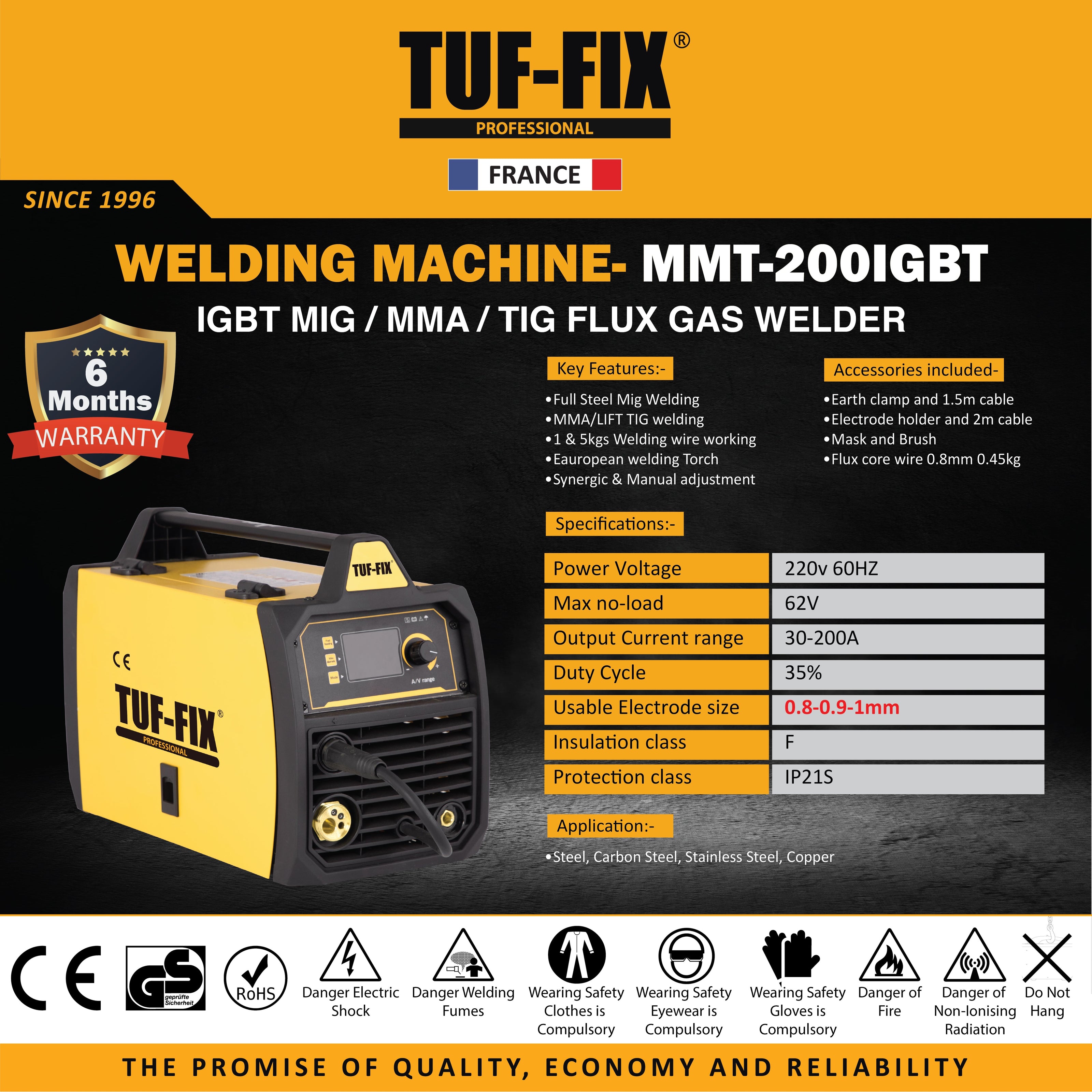 TUF-FIX MMT-200IGBT MIG MMA TIG Flux Gas Welder machine technical specification chart in Muscat Oman.
مخطط المواصفات الفنية لماكينة لحام تاف فيكس MMT-200IGBT ميج وممب وتيج غاز في مسقط عُمان