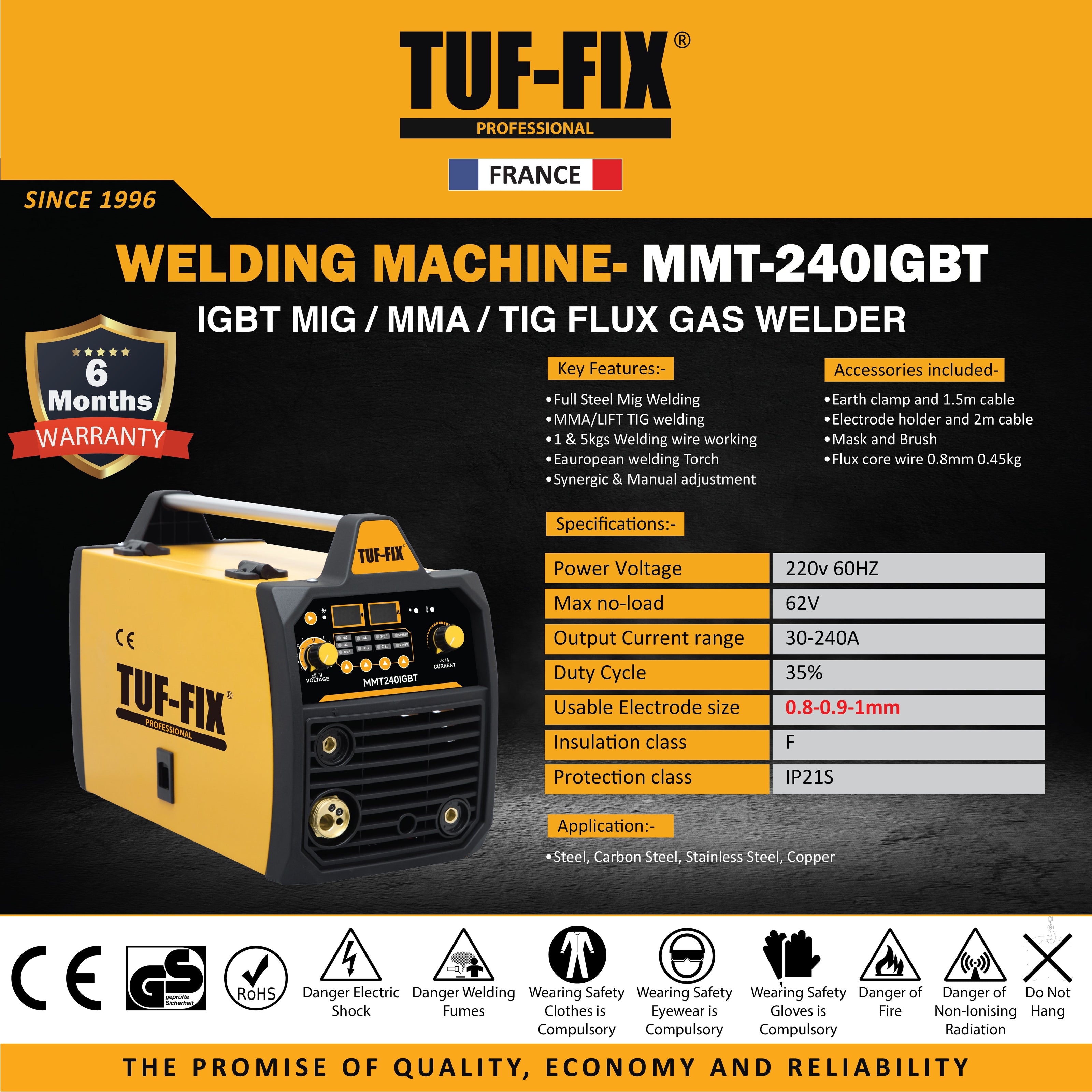 TUF-FIX MMT-240IGBT MIG MMA TIG Flux Gas Welder machine technical specification chart in Muscat Oman.
مخطط المواصفات الفنية لماكينة لحام تاف فيكس MMT-240IGBT ميج وممب وتيج غاز في مسقط عُمان