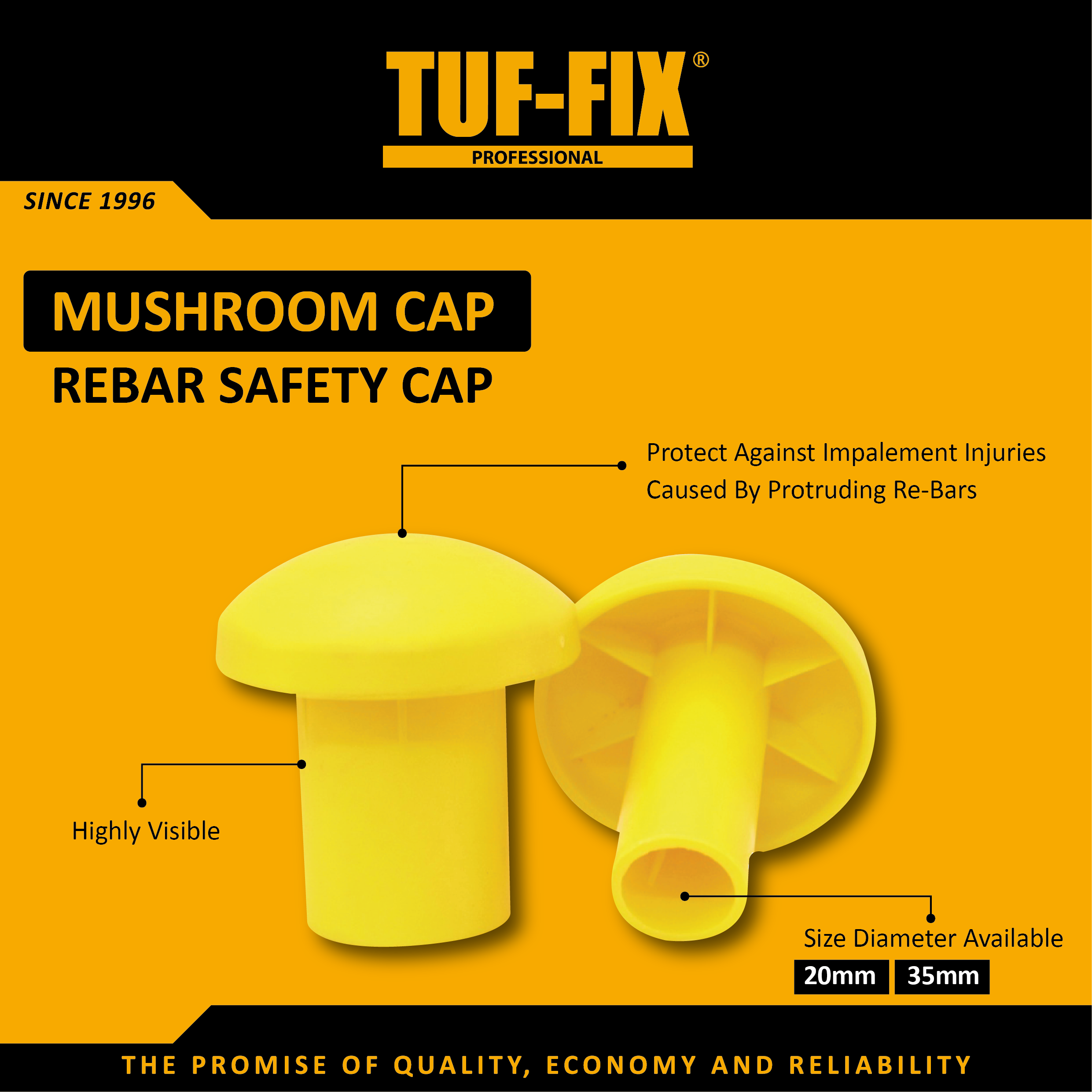 TUF-FIX 20mm and 25mm yellow mushroom rebar safety caps for construction site protection in Muscat, Sohar, and Salalah Oman.
أغطية حماية حديد التسليح الصفراء (مشروم كاب) مقاس 20 مم و 25 مم من TUF-FIX في مسقط، صحار، وصلالة عمان