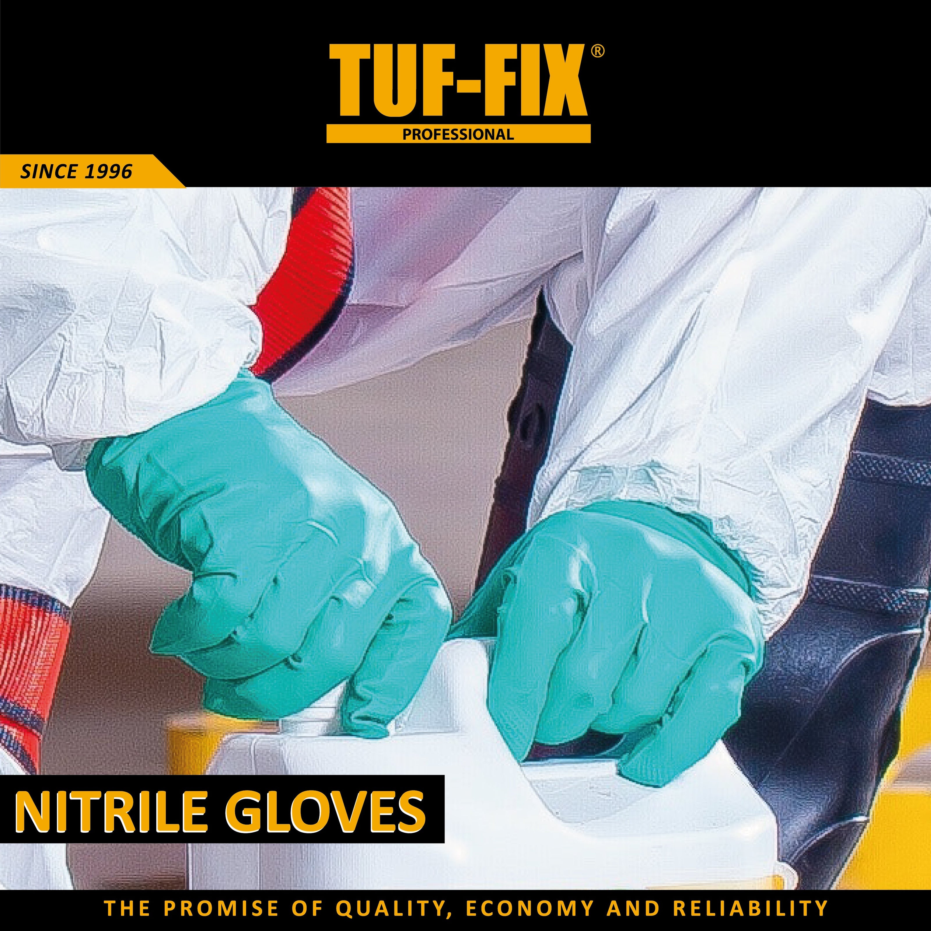 TUF-FIX NI1701 heavy-duty teal nitrile gloves highlighting a chemical-resistant full dip coating while handling a white industrial container container - Noor Al Wifaq Oman.
لقطة واقعية لقفازات النتريل السميكة المقاومة للمواد الكيميائية باللون الأخضر (NI1701 Nitrile Gloves) من TUF-FIX أثناء سكب السوائل المختبرية - نور الوفاق عمان.