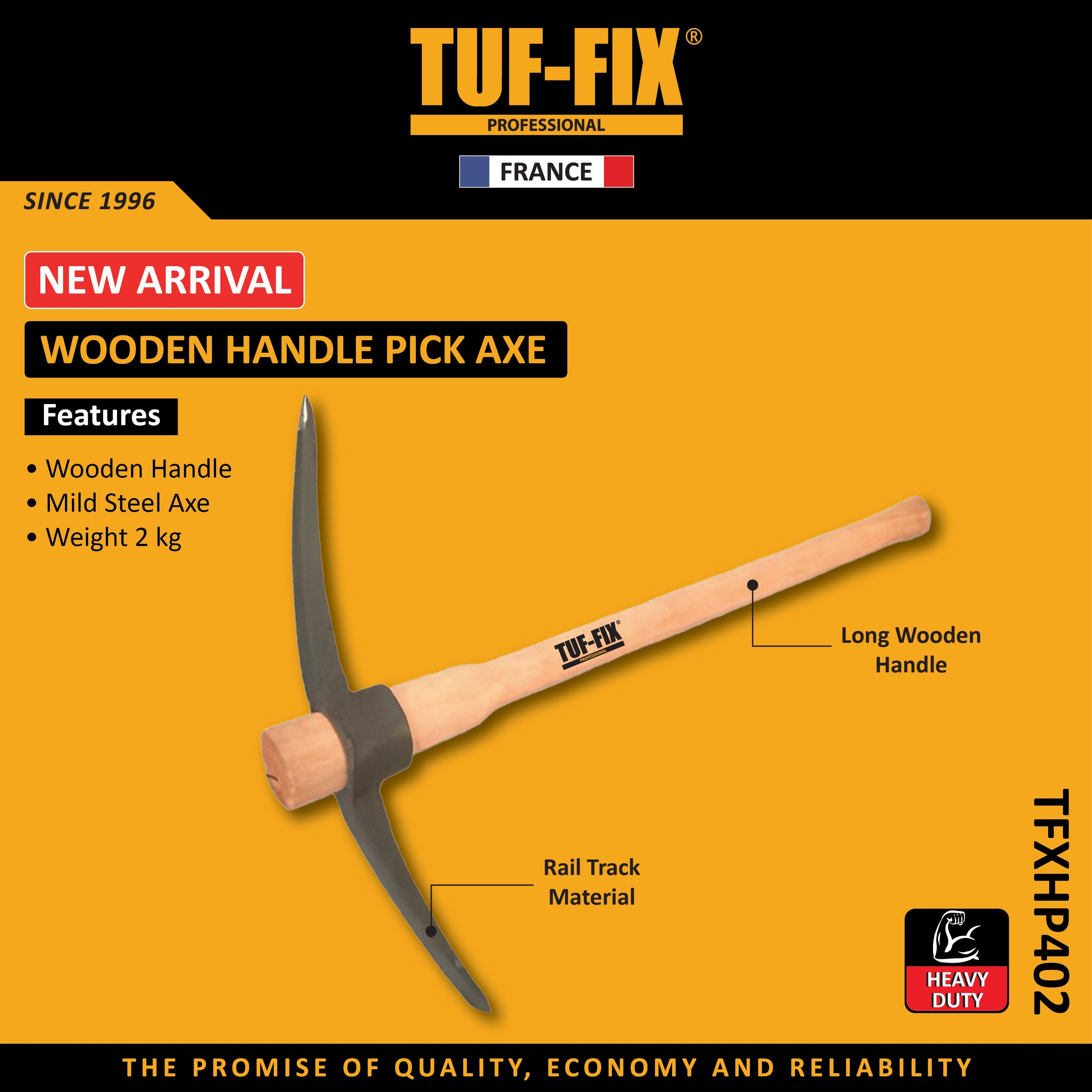 TUF-FIX TFXHP402 heavy duty wooden handle pick axe made of rail track material in Oman.
فأس بمقبض خشبي شديد التحمل TUF-FIX TFXHP402 مصنوع من مواد قضبان السكك الحديدية في عمان