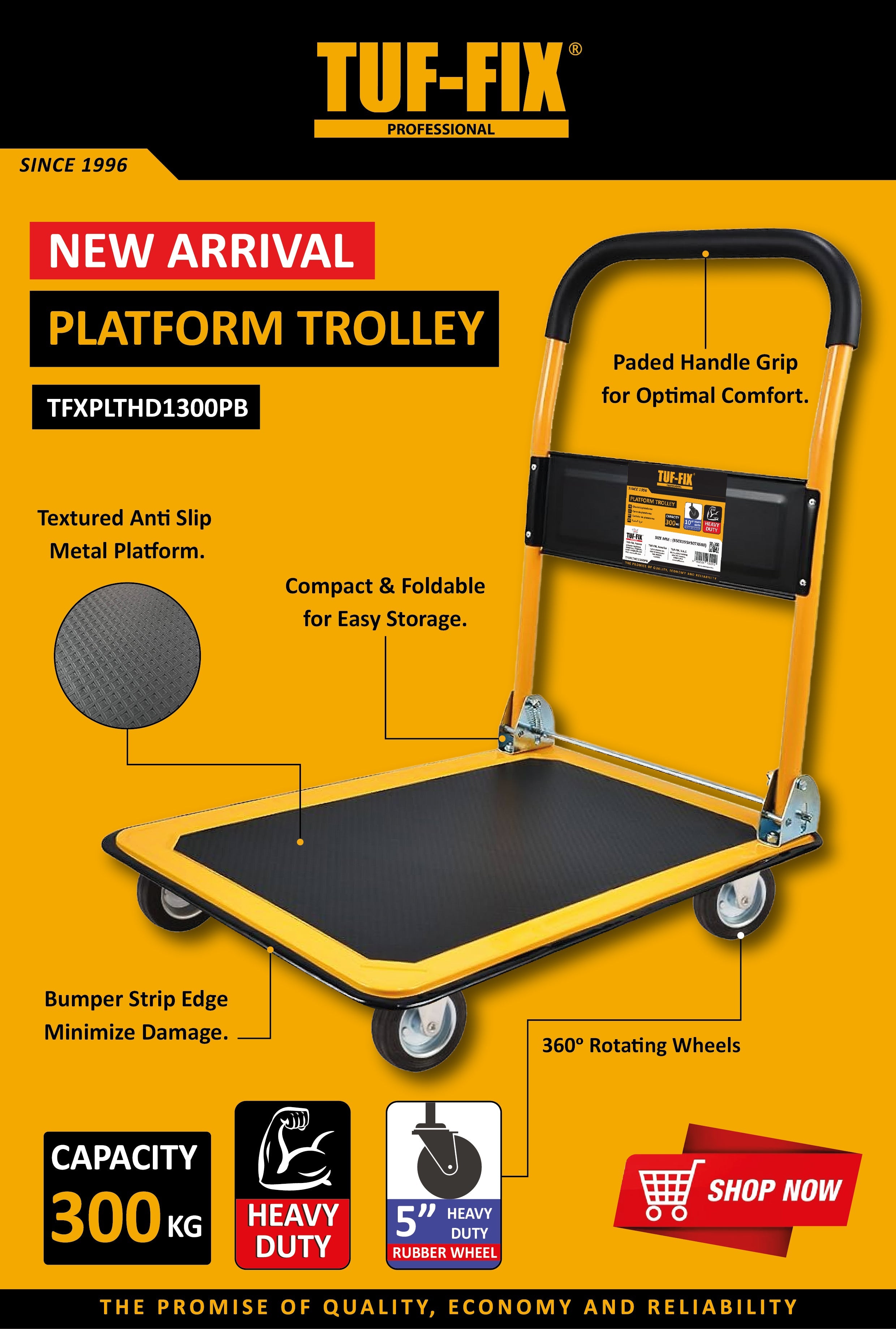 TUF-FIX 300kg heavy duty metal platform trolley with 5-inch wheels in Muscat, Sohar, and Salalah Oman.
عربة نقل بضائع يدوية معدنية سعة 300 كجم من TUF-FIX مع عجلات 5 بوصة في مسقط، صحار، وصلالة عمان