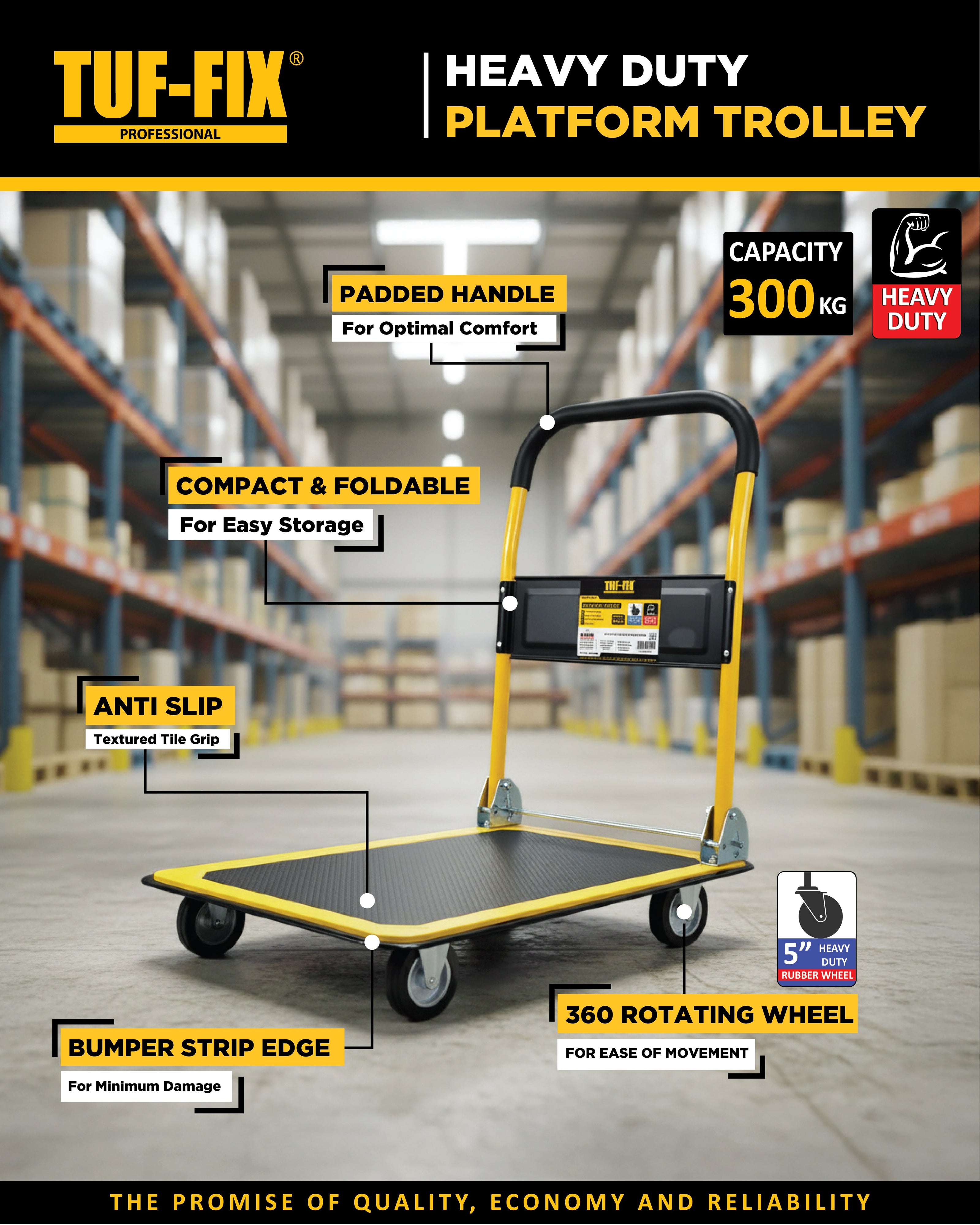 TUF-FIX heavy duty 300 kg capacity platform trolley with foldable padded handle in Muscat, Sohar, and Salalah Oman.
عربة نقل بضائع يدوية TUF-FIX شديدة التحمل سعة 300 كجم بمقبض قابل للطي في مسقط، صحار، وصلالة عمان
