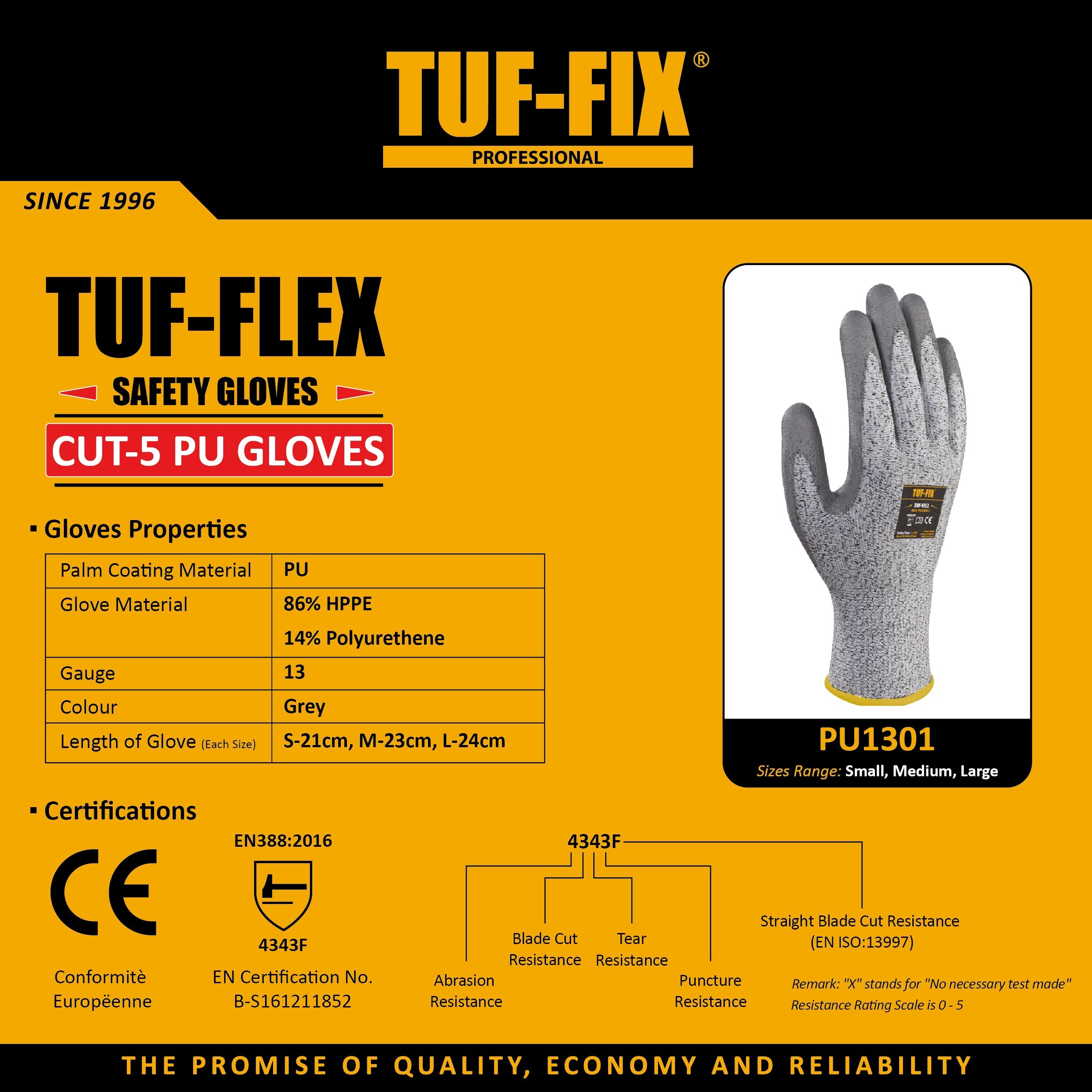 TUF-FIX TUF-FLEX PU1301-01 Cut-5 PU safety glove product specifications sheet.
ورقة مواصفات منتج قفازات السلامة TUF-FIX TUF-FLEX PU1301-01 مقاومة للقطع Cut-5 PU.
