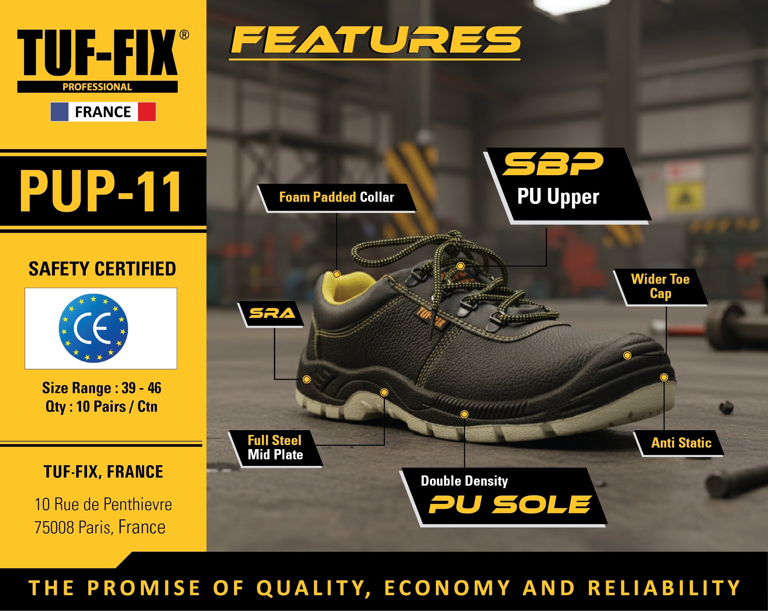 TUF-FIX PUP-11 SBP PU upper safety shoe with double density PU sole available in Oman.
حذاء سلامة منخفض القصة TUF-FIX PUP-11 مع جزء علوي من البولي يوريثان SBP ونعل PU مزدوج الكثافة متوفر في عمان