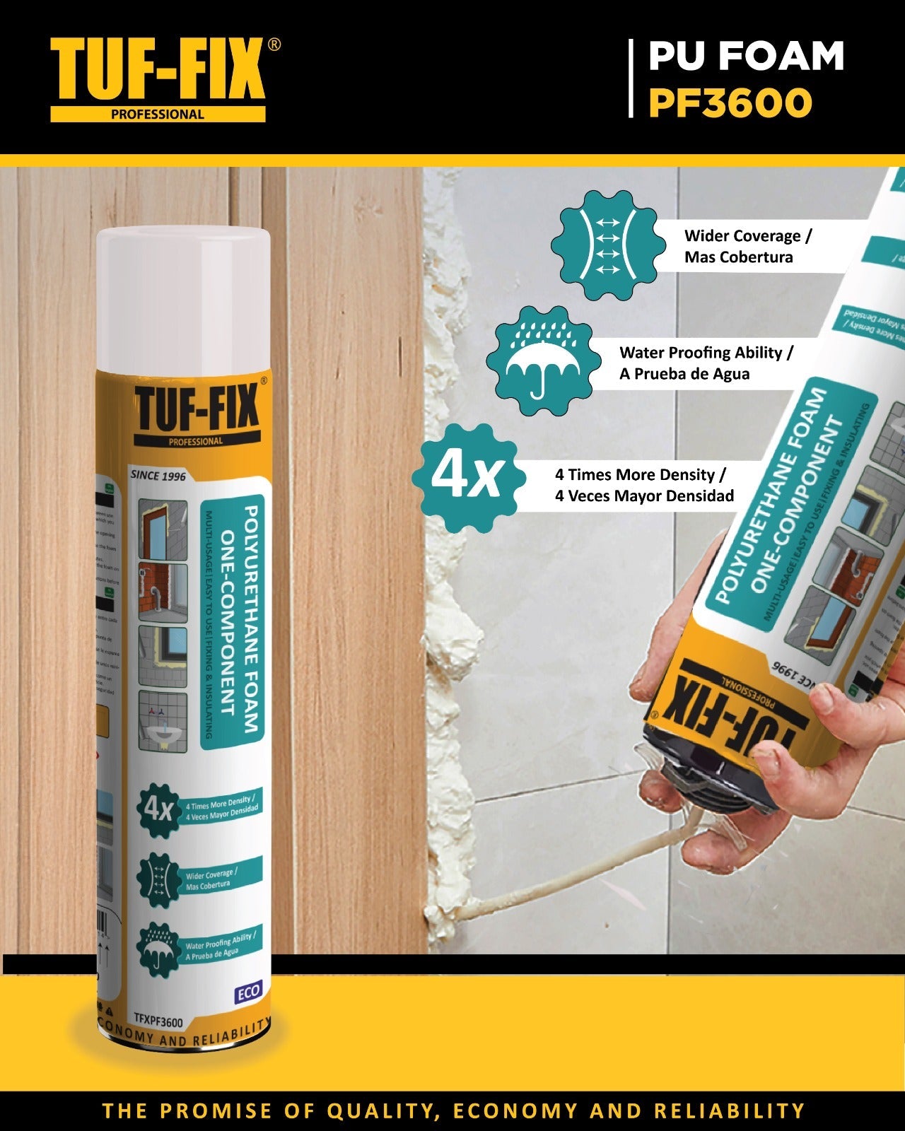 TUF-FIX PU Foam PF3600 one component premium quality polyurethane spray foam for construction and waterproofing in Muscat Oman.
رغوة بولي يوريثان بخاخ تاف فيكس PF3600 أحادية المكون ممتازة الجودة للبناء والعزل المائي في مسقط عمان