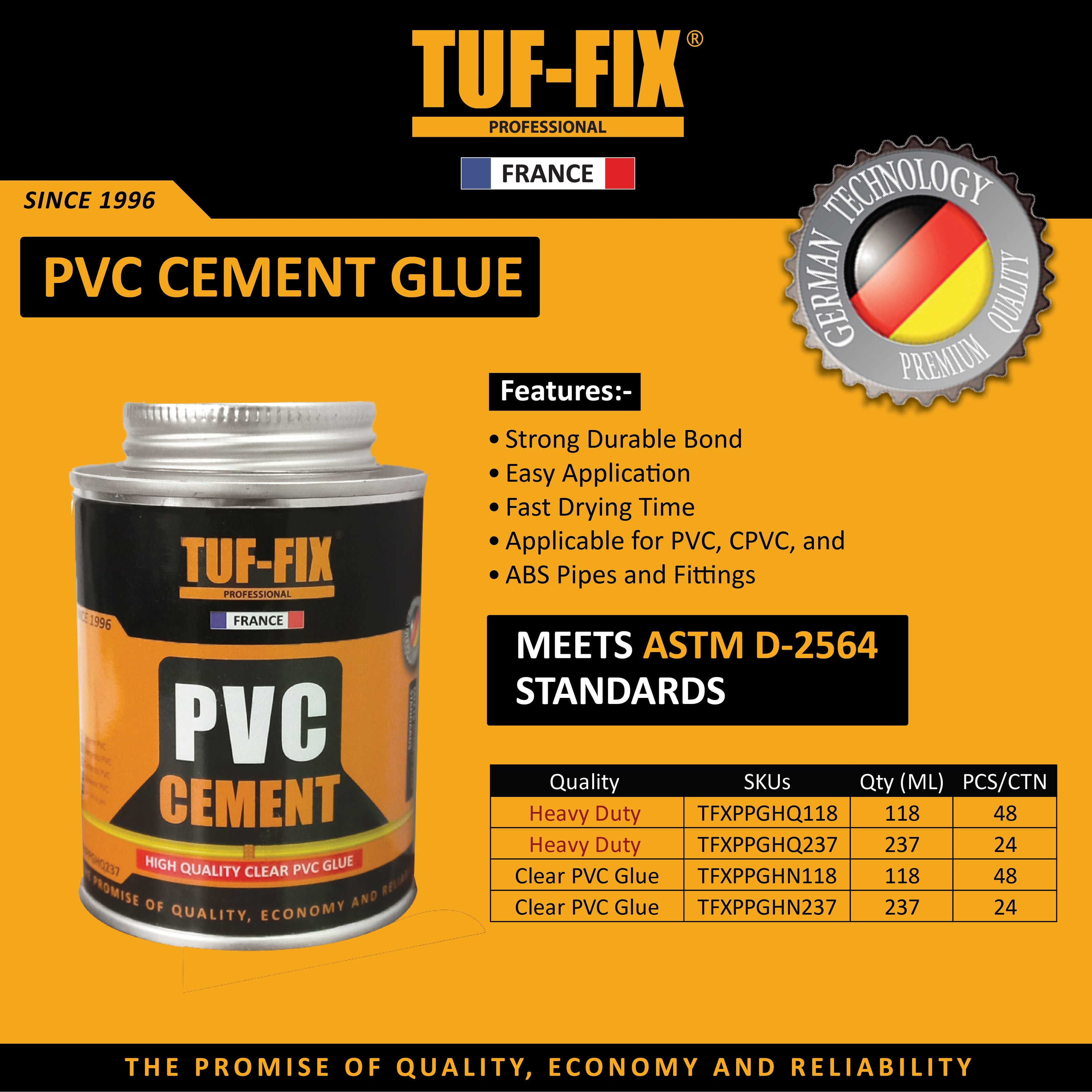 TUF-FIX ASTM D-2564 PVC cement glue 118ml and 237ml for CPVC and ABS pipe fittings in Muscat, Sohar, and Salalah Oman.
غراء ومذيب مواسير PVC من TUF-FIX مطابق لمواصفات ASTM D-2564 مقاس 118 مل و 237 مل في مسقط، صحار، وصلالة عمان