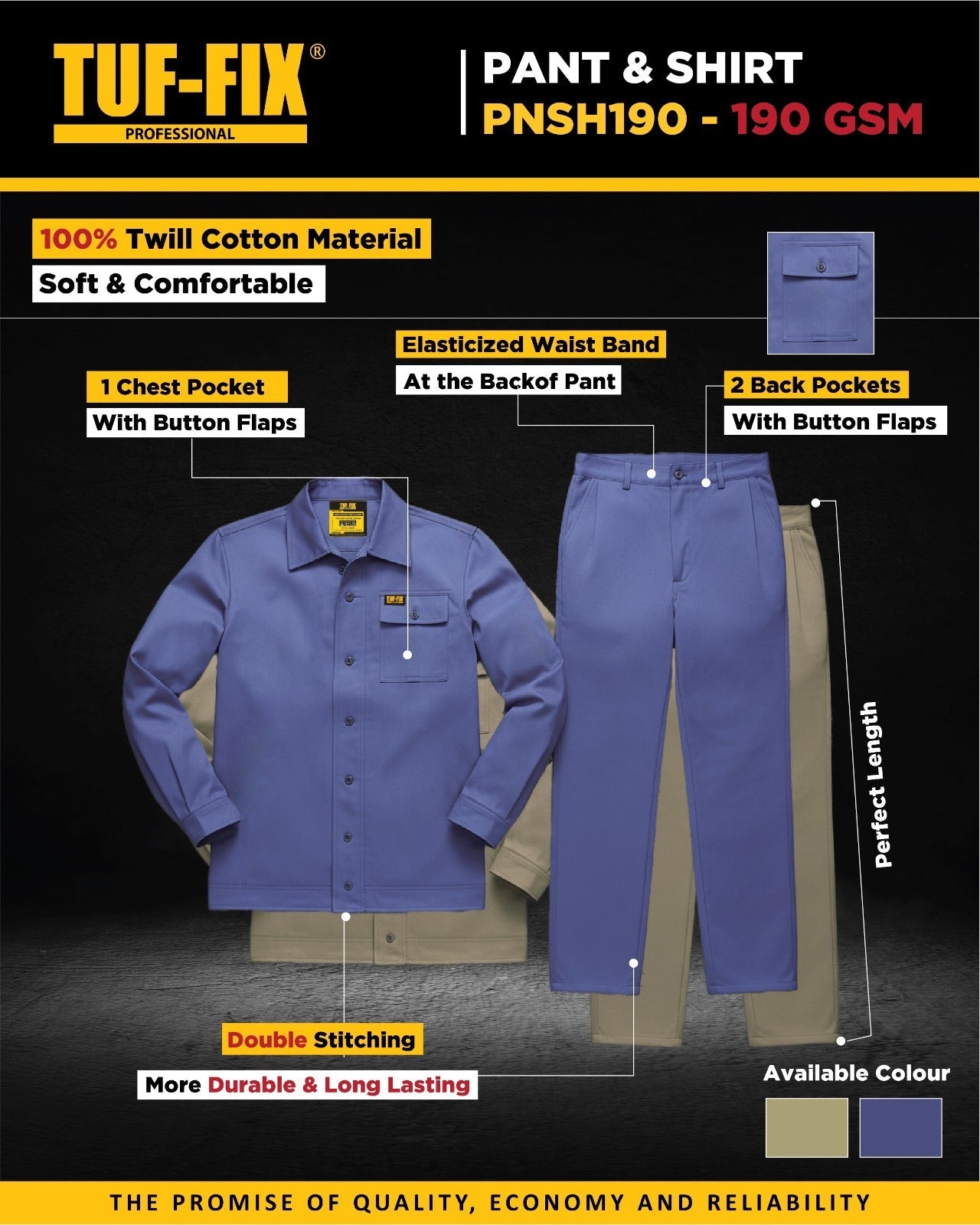 TUF-FIX PNSH190 industrial pant and shirt workwear leaflet featuring 190 GSM 100% twill cotton material, chest pocket with button flaps, elasticized waistband, and double stitching - Noor Al Wifaq Oman.
منشور منتج طقم بدلة عمل بنطلون وقميص (PNSH190 Pant & Shirt) من TUF-FIX يوضح مواصفات قماش التويل القطني بوزن 190GSM، والجيوب ذات الأغطية، والخياطة المزدوجة - نور الوفاق عمان.