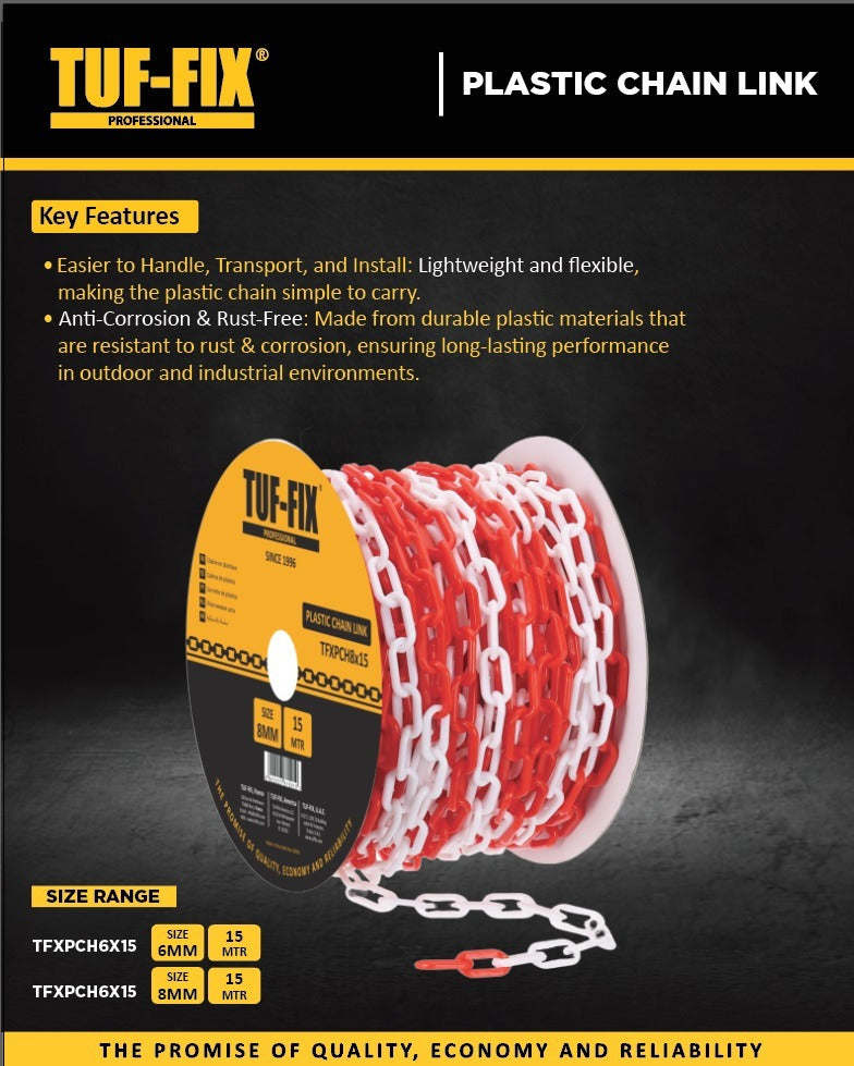 TUF-FIX red white plastic safety chain Muscat Sohar Salalah Oman.
سلسلة بلاستيك تحذيرية حاجز طرق TUF-FIX مسقط صحار صلالة