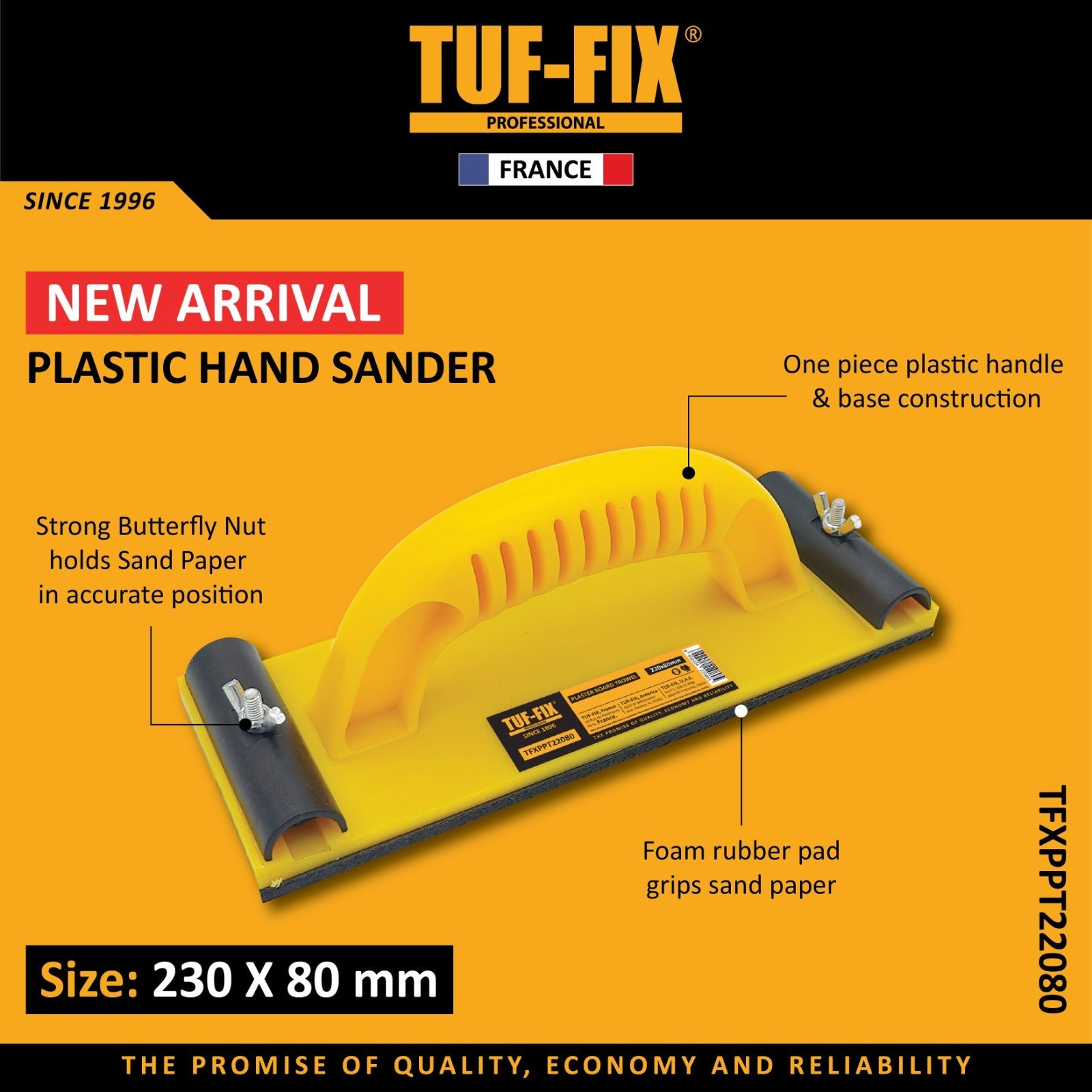 TUF-FIX 230x80mm plastic hand sander with foam rubber pad and butterfly nut clamps in Muscat, Sohar, and Salalah Oman.
أداة صنفرة يد بلاستيكية مقاس 230×80 مم من TUF-FIX مع وسادة مطاطية إسفنجية في مسقط، صحار، وصلالة عمان