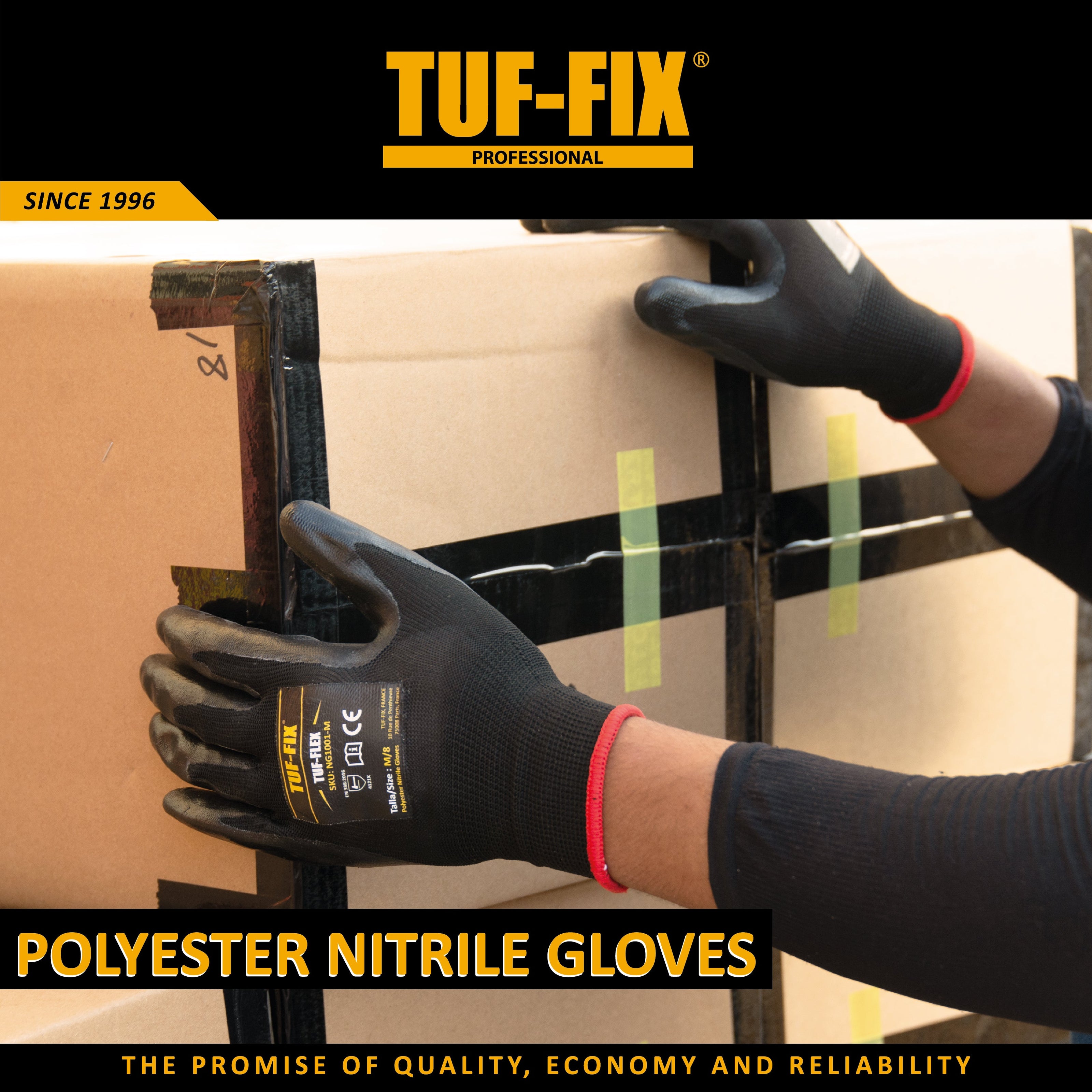 TUF-FIX NG1001 polyester nitrile gloves featuring a sleek black nitrile palm dip coating for premium abrasion resistance and seamless knit wrist - Noor Al Wifaq Oman.
لقطة واقعية لقفازات البوليستر المغطاة بالنتريل (Polyester Nitrile Gloves) من TUF-FIX توضح إمساك العمال بالصناديق والطرود في المستودعات - نور الوفاق عمان.