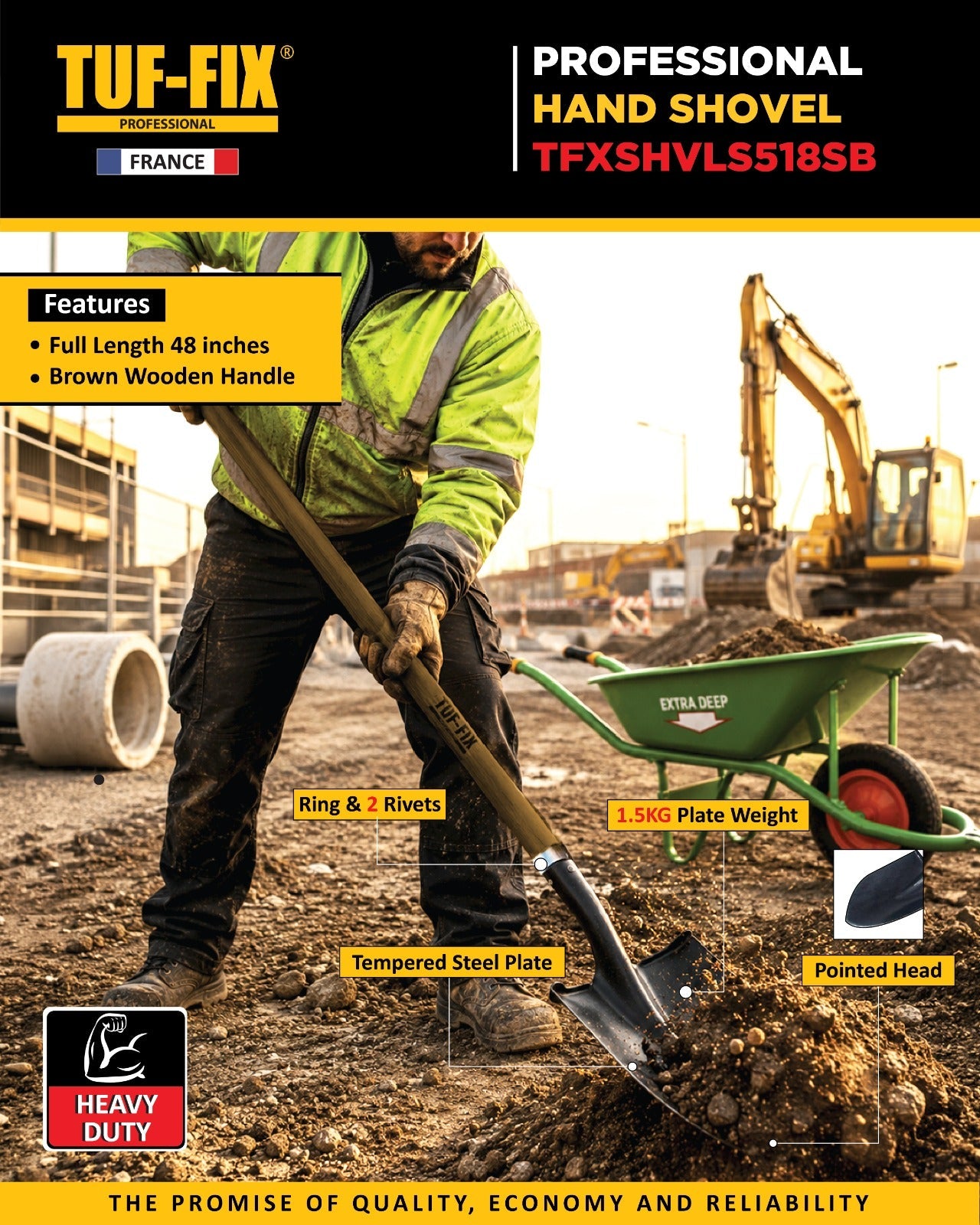 TUF-FIX TFXSHVLS518SB professional hand shovel with 48-inch brown wooden handle and tempered steel plate in Oman.
مجرفة يد احترافية TUF-FIX TFXSHVLS518SB مع مقبض خشبي بني بطول 48 بوصة ولوح فولاذي مقسى في عمان