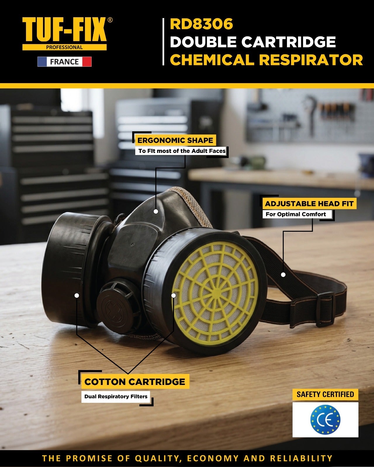 TUF-FIX RD8306 double cartridge chemical respirator product leaflet featuring ergonomic shape, cotton filter cartridge, adjustable head fit, and CE safety certification - Noor Al Wifaq Oman.
منشور منتج كمامة تنفس كيميائية بخرطوشة مزدوجة (RD8306 Chemical Respirator) من TUF-FIX يوضح التصميم المريح وفلتر القطن وحزام الرأس القابل للتعديل مع شهادة السلامة الأوروبية (CE) - نور الوفاق عمان