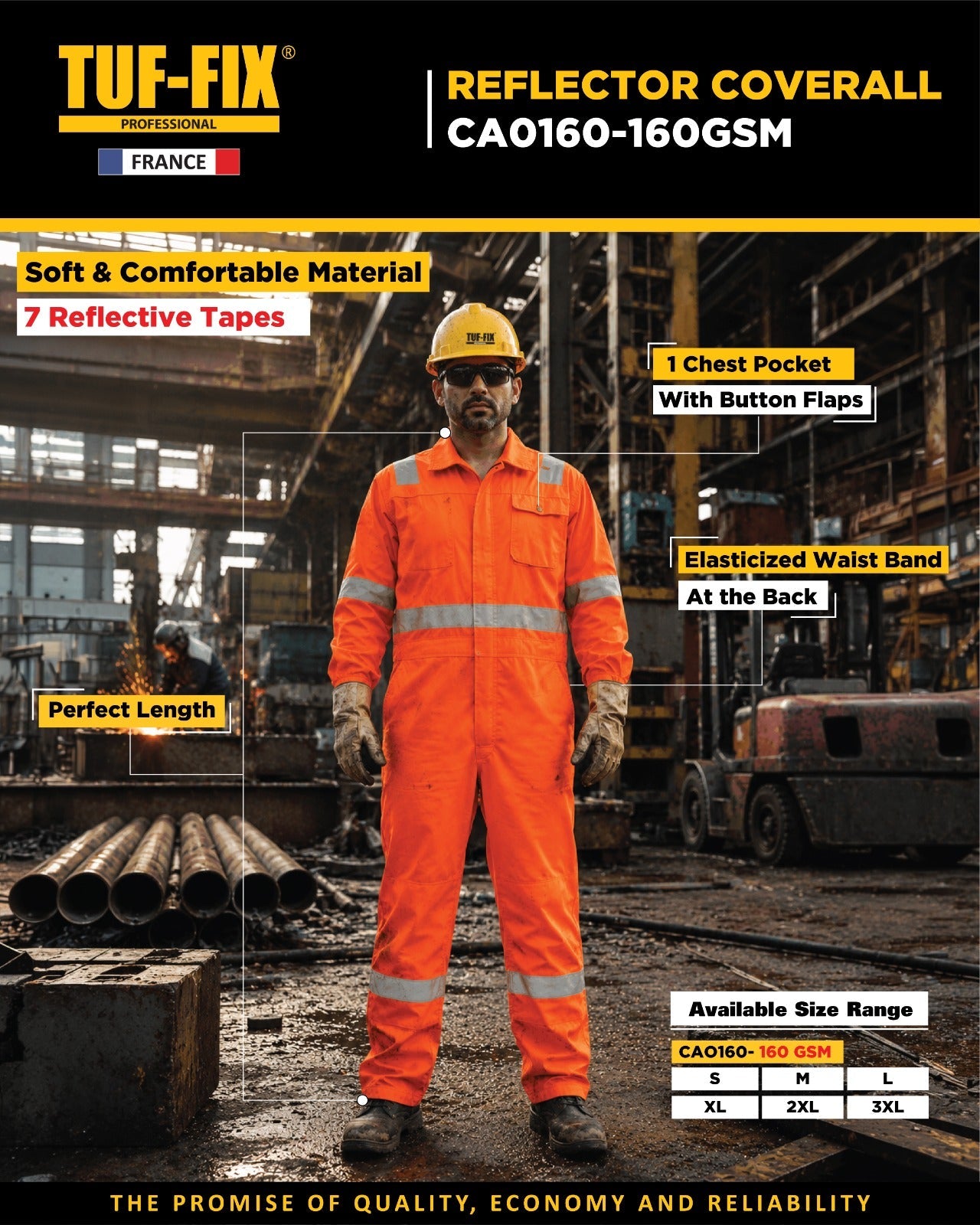 Lightweight TUF-FIX 160GSM industrial safety coveralls and boiler suits with reflective trim for factory workers - Buy safety uniforms online Oman.بدلة عمل كاملة (أوفرول) خفيفة وعاكسة بوزن 160GSM من TUF-FIX لعمال المصانع والورش والمنشآت الصناعية - شراء ملابس السلامة المهنية اونلاين عم