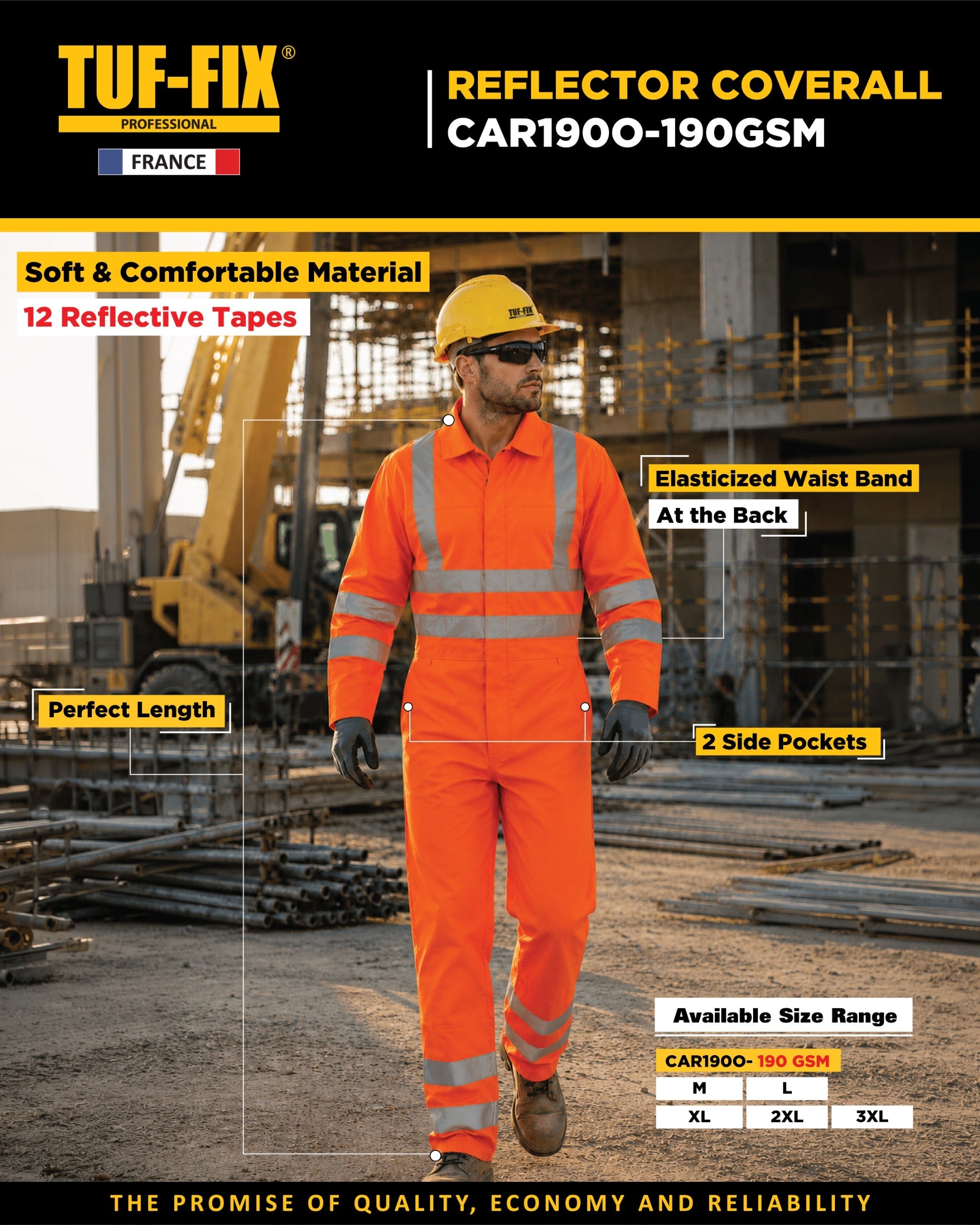 TUF-FIX CAR1900 orange reflector coverall leaflet featuring 190GSM soft material, 12 reflective tapes, elasticized waistband, and dual side pockets with a worker on a construction site background - Noor Al Wifaq Oman.
منشور منتج أوفرول عاكس برتقالي (CAR1900 Reflector Coverall) من TUF-FIX يوضح مواصفات نسيج 190GSM المريح، و12 شريطًا عاكسًا، وحزام خصر مرن - نور الوفاق عمان