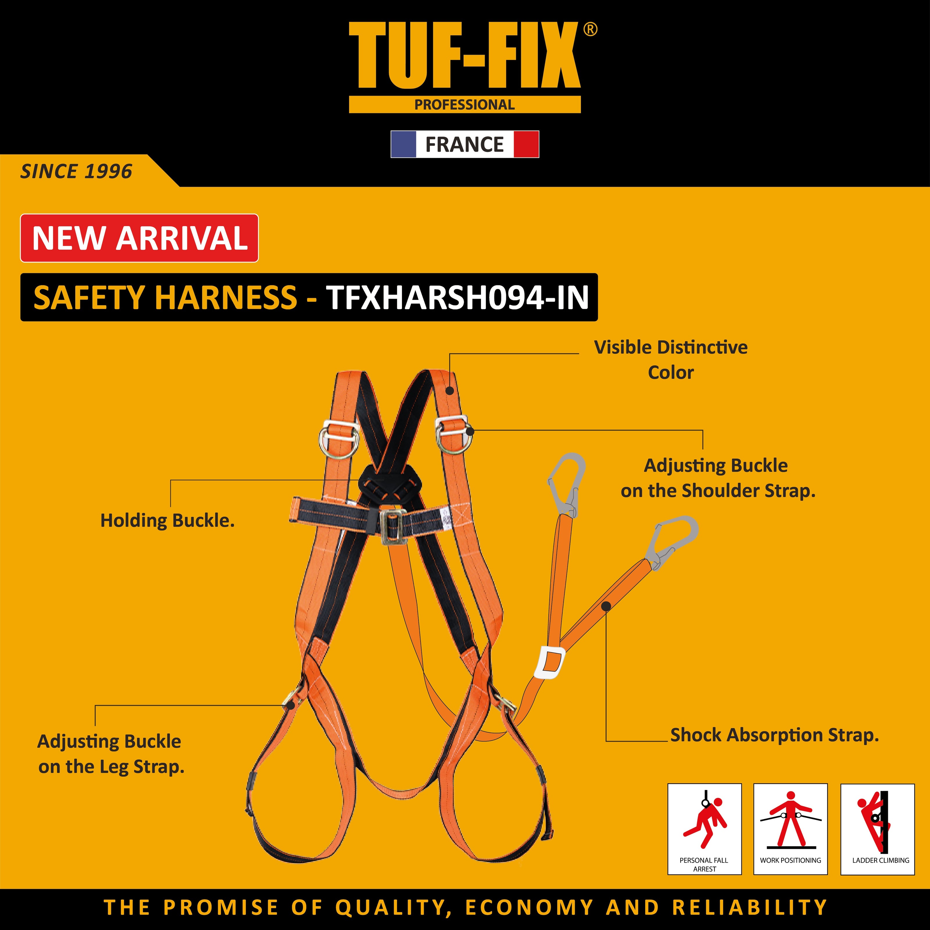 TUF-FIX TFXHARSH094-IN full body safety harness product leaflet showing high-visibility straps, holding buckle, adjusting shoulder buckles, and integrated shock absorption strap - Noor Al Wifaq Oman.
منشور منتج حزام الأمان لكامل الجسم (TFXHARSH094-IN Safety Harness) من TUF-FIX يوضح ميزات أحزمة الكتف والساق القابلة للتعديل وممتص الصدمات المدمج - نور الوفاق عمان.