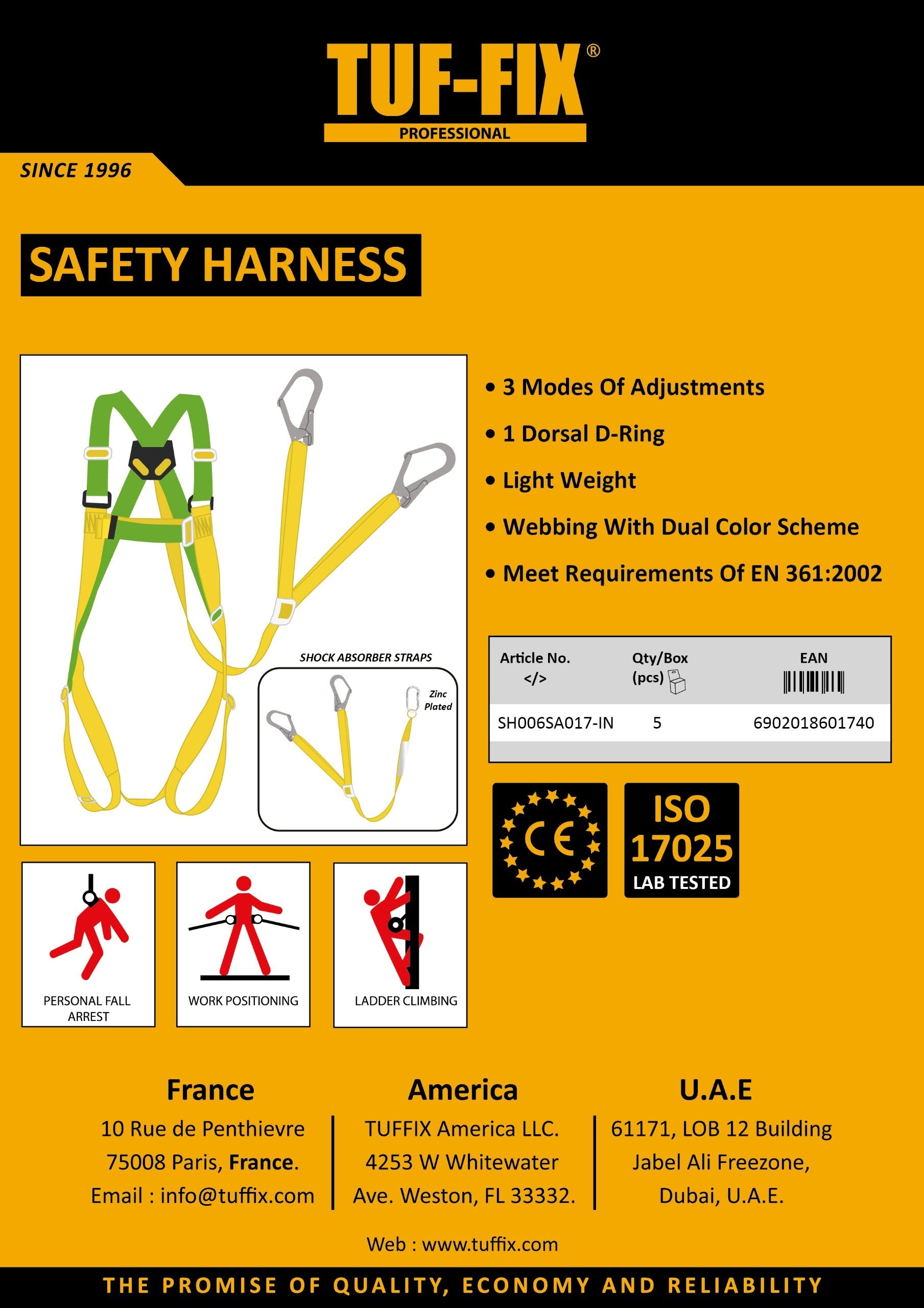 TUF-FIX full body safety harness product leaflet featuring a dual-color scheme webbing, 3 modes of adjustment, 1 dorsal D-ring, and EN 361:2002 certification compliance - Noor Al Wifaq Oman.
منشور منتج حزام الأمان الكامل للجسم من TUF-FIX يتميز بشريط نسيجي مزدوج اللون، و3 أنماط للتعديل، وحلقة تثبيت خلفية (D-Ring) مع مطابقة معايير السلامة EN 361:2002 - نور الوفاق عمان.